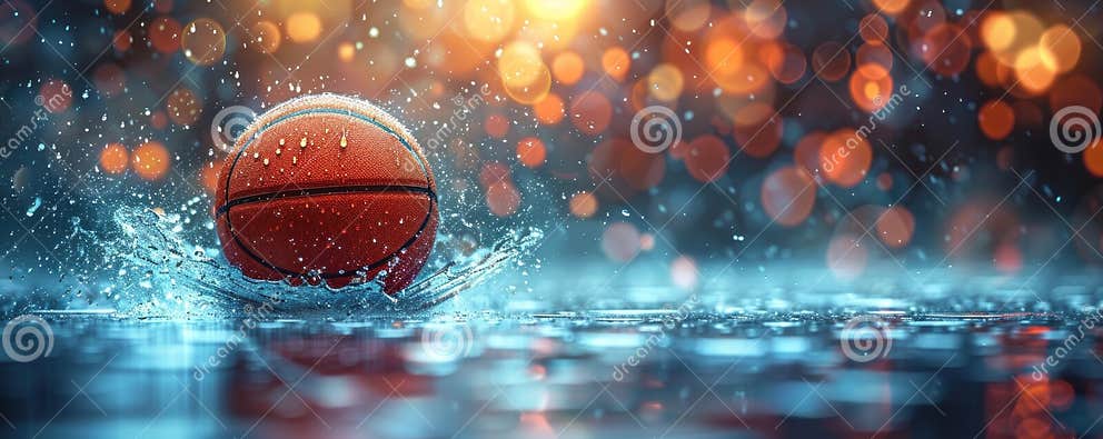 Basketball in the Rain on the Blacktop Court with Lights in the Basketball in the Rain on the Blacktop Court with Lights in the