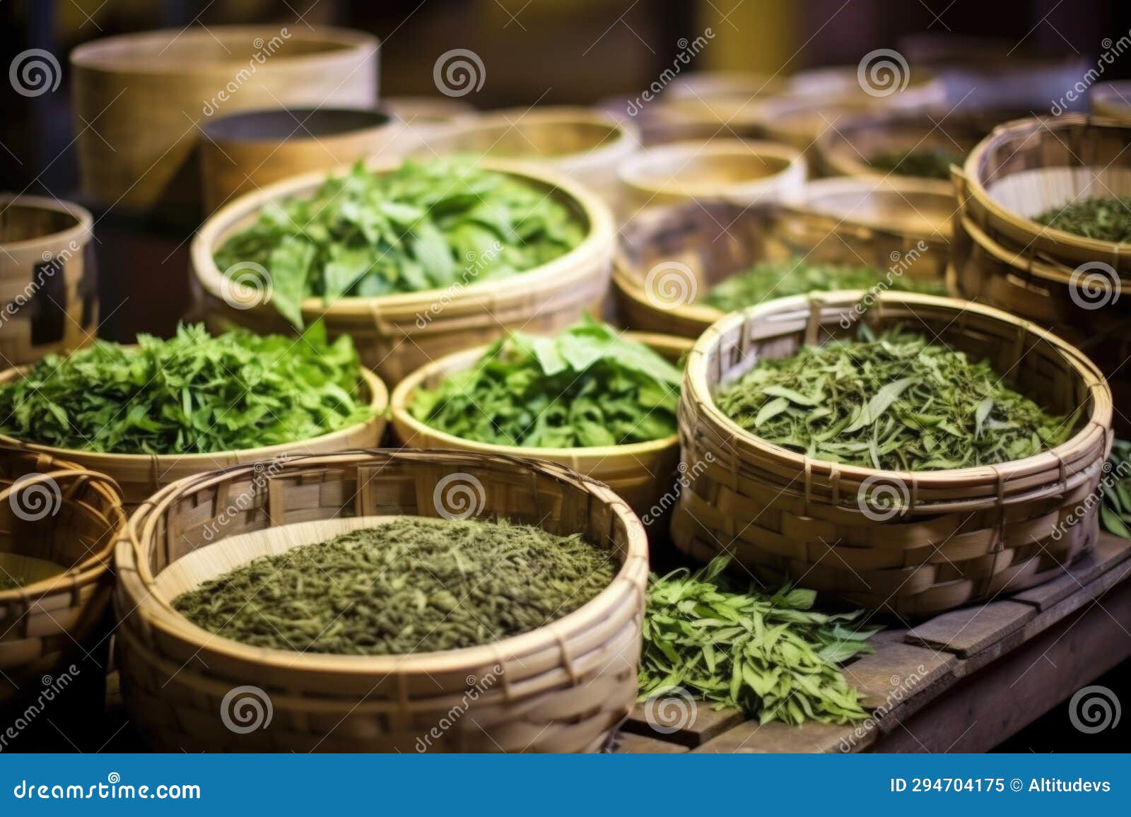 Baskets Filled with Picked Tea Leaves in Factory Stock Image Image of