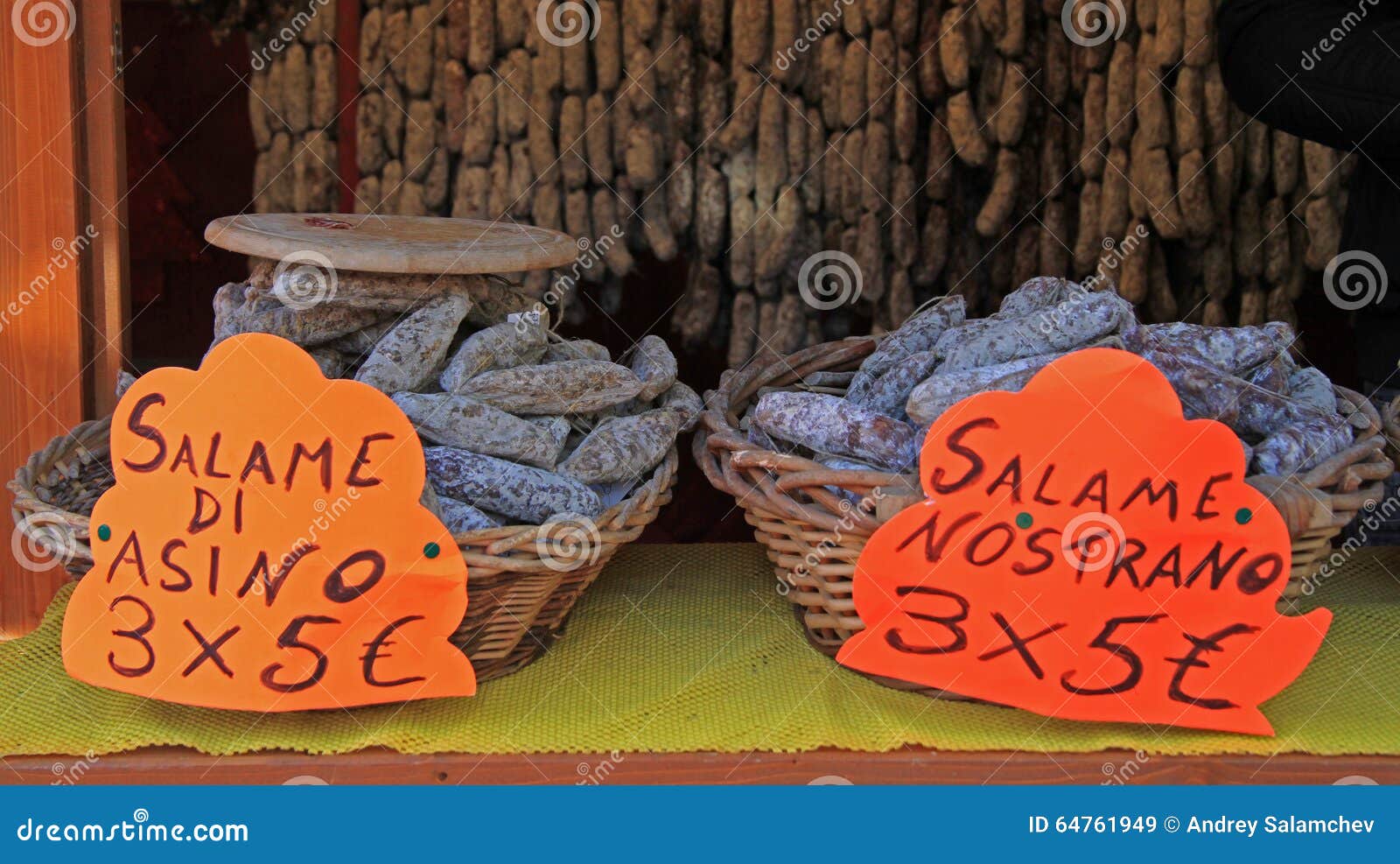 Baskets with Typical Salami at the Market Stock Image Image of