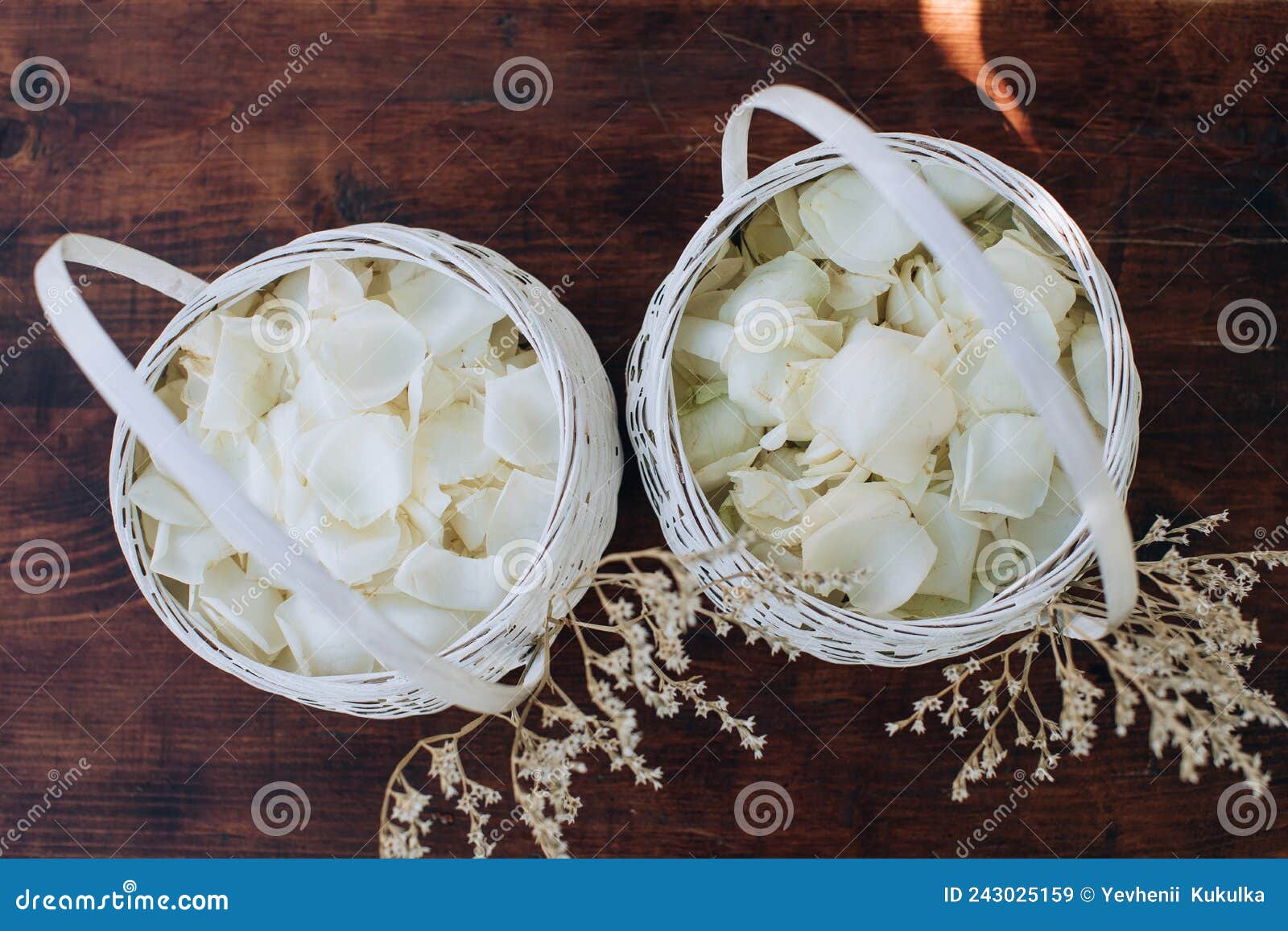 Baskets with White Rose Petals for the Wedding Ceremony Stock Image