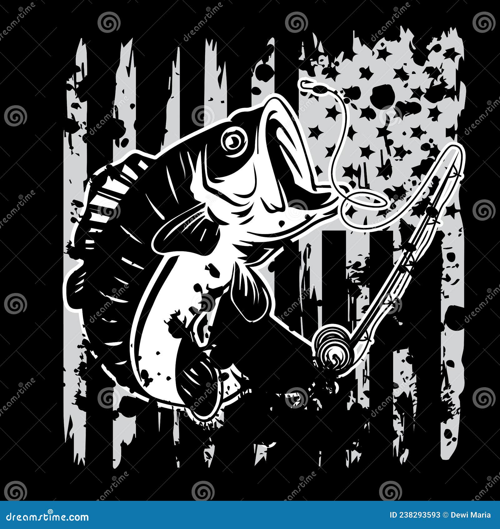 Bass Fish on American Flag Background Print Vector Stock Vector -  Illustration of print, grunge: 238293593