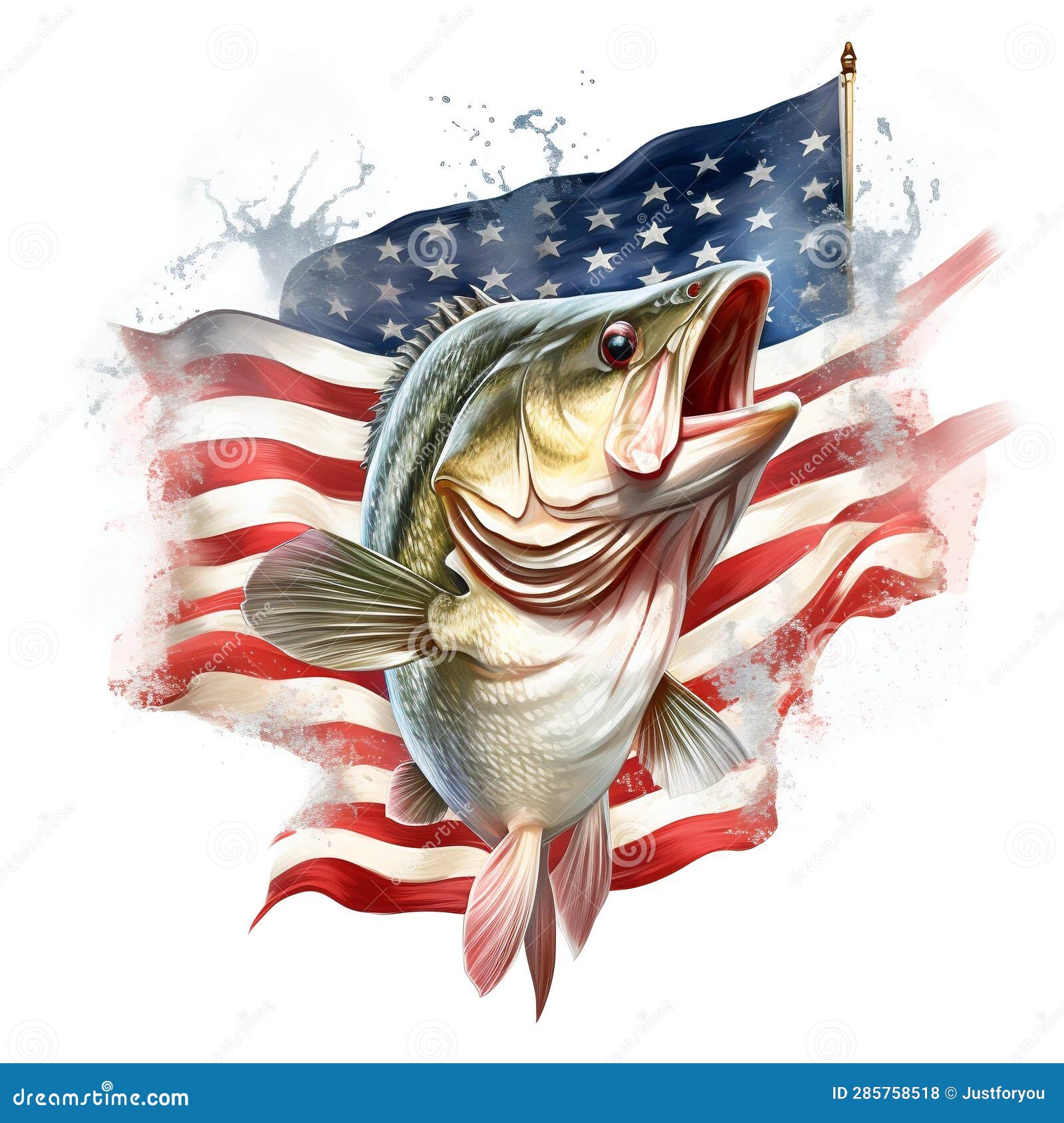 Bass Fish with American Flag Isolated on White Background