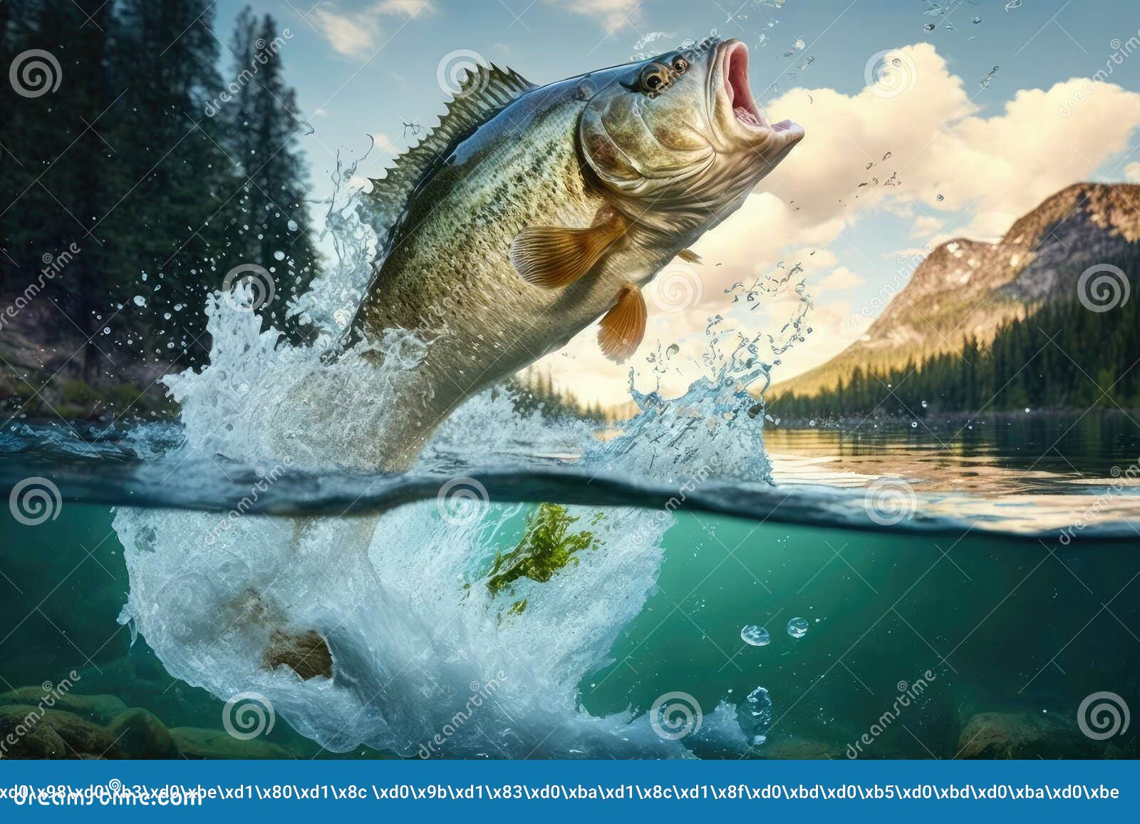 Bass Fish Jumping Out of River Water. Ai Generative Stock