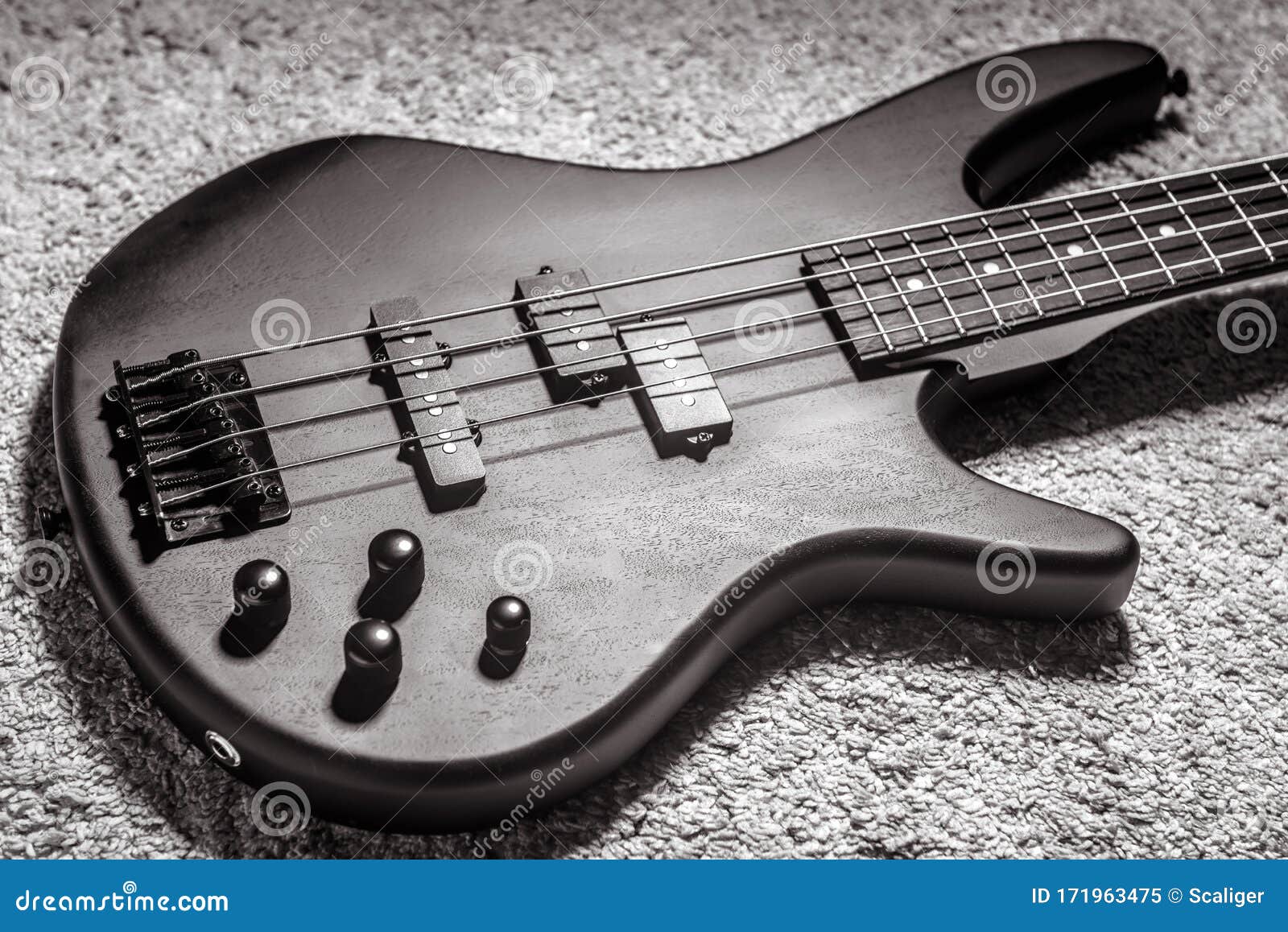bass guitar with four strings in black and white. popular rock musical instrument. view of electric bass on carpet