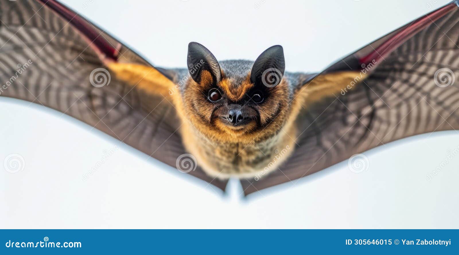 bat midflight with wings spread against a stark, white backdrop