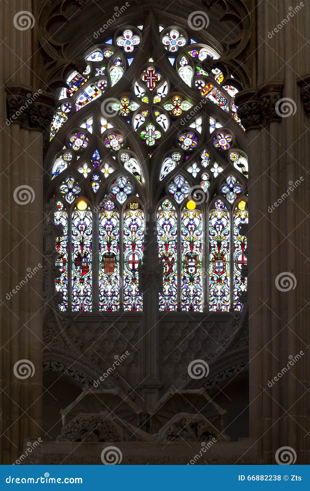 batalha monastery. gothic stained glass window in capela do fundador
