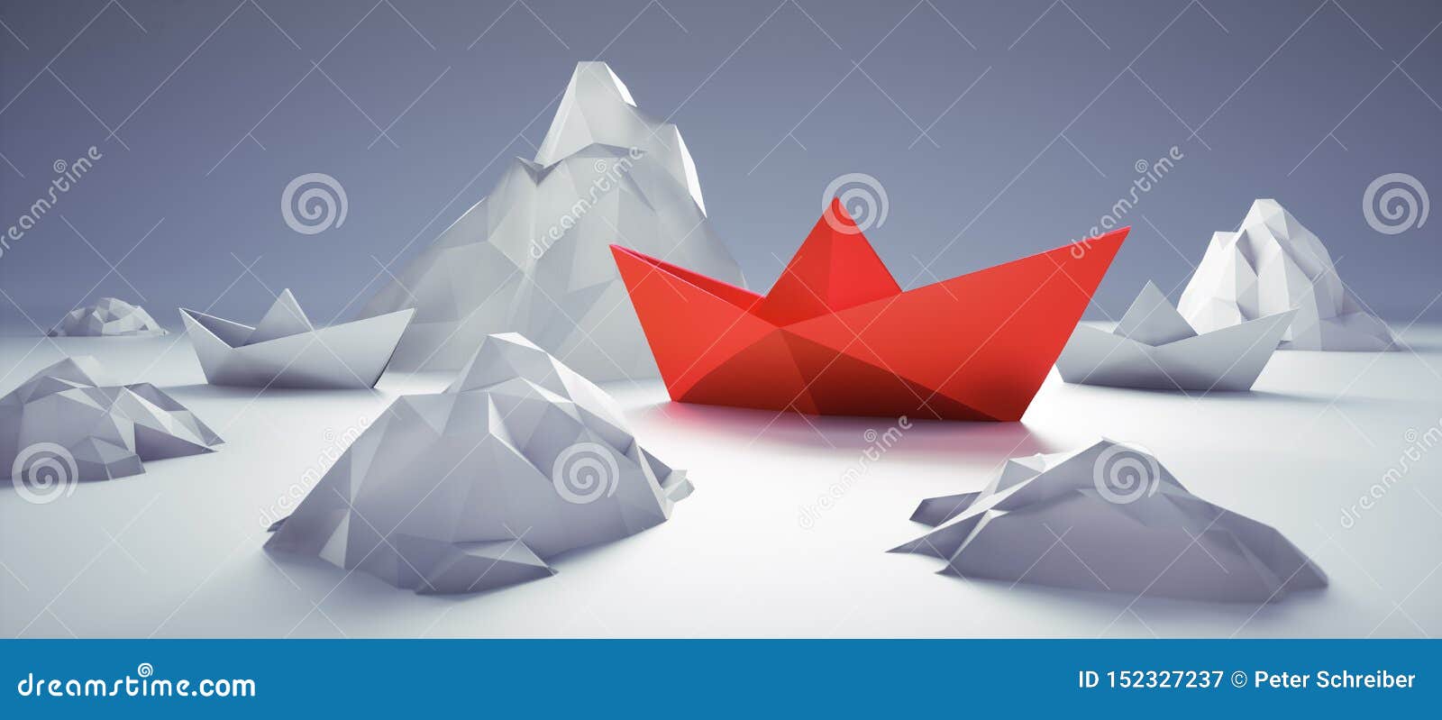 Bateau de papier rouge en danger. Bateau de livre blanc rouge et dirigeant entre les icebergs - illustration 3D