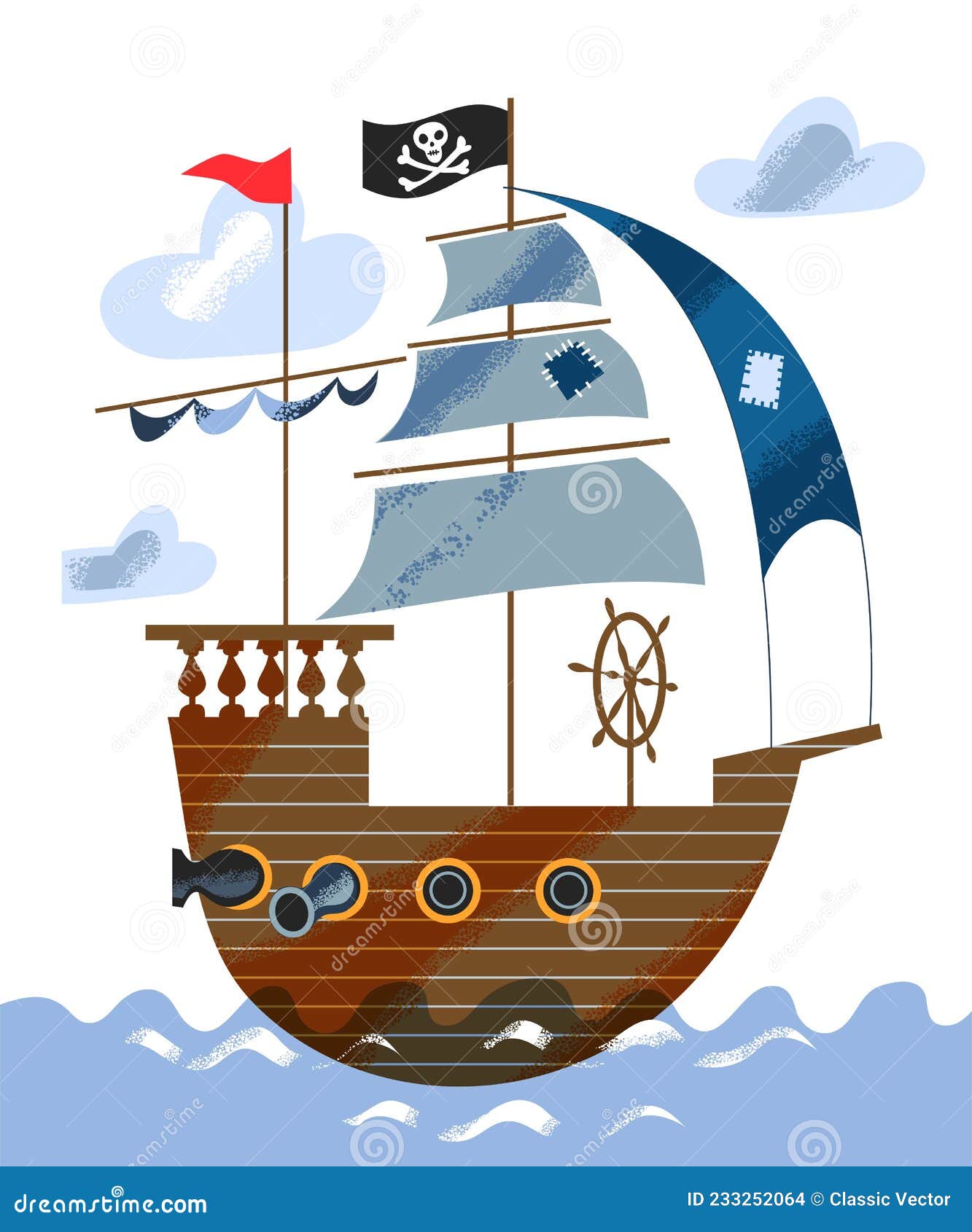 bateau pirate avec voiles noires, godille et os croisés et drapeau