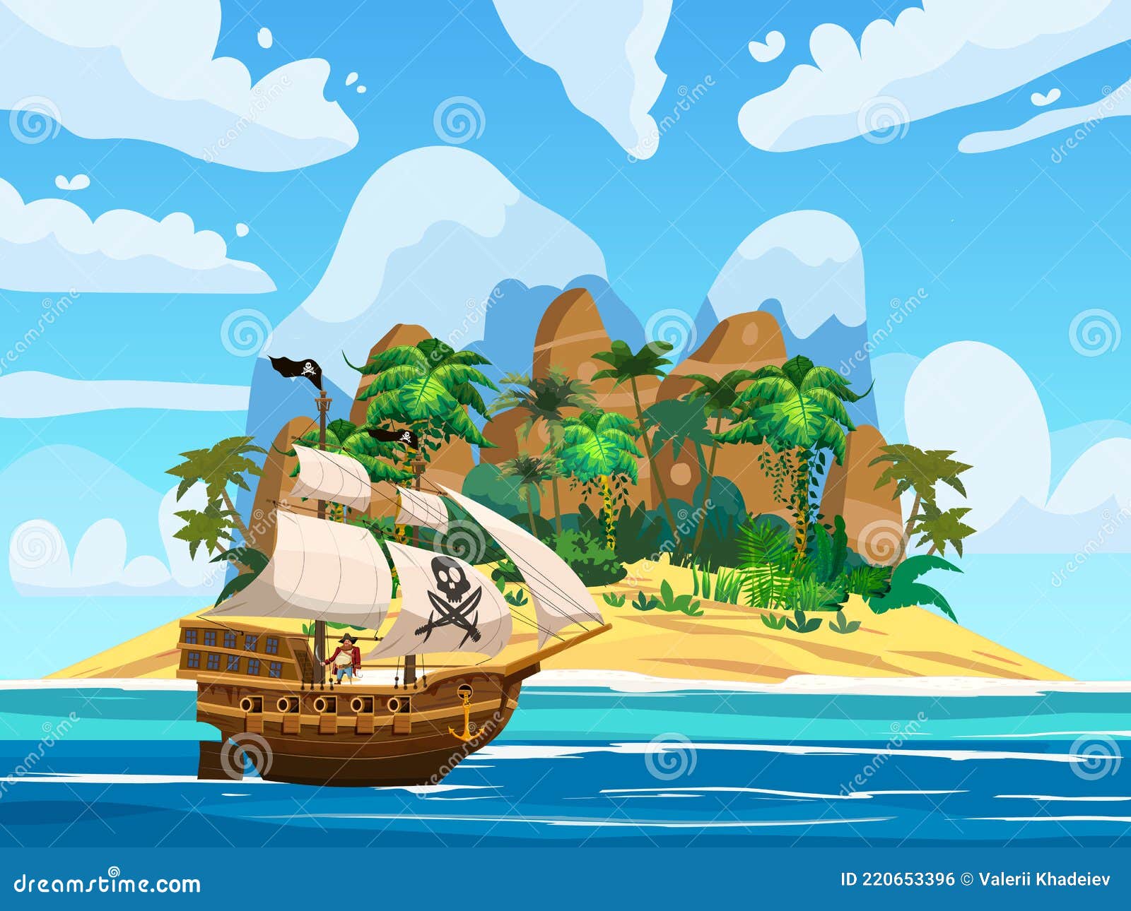 Bateau Pirate Sous Voile Dans L'océan île Trésor Palmiers