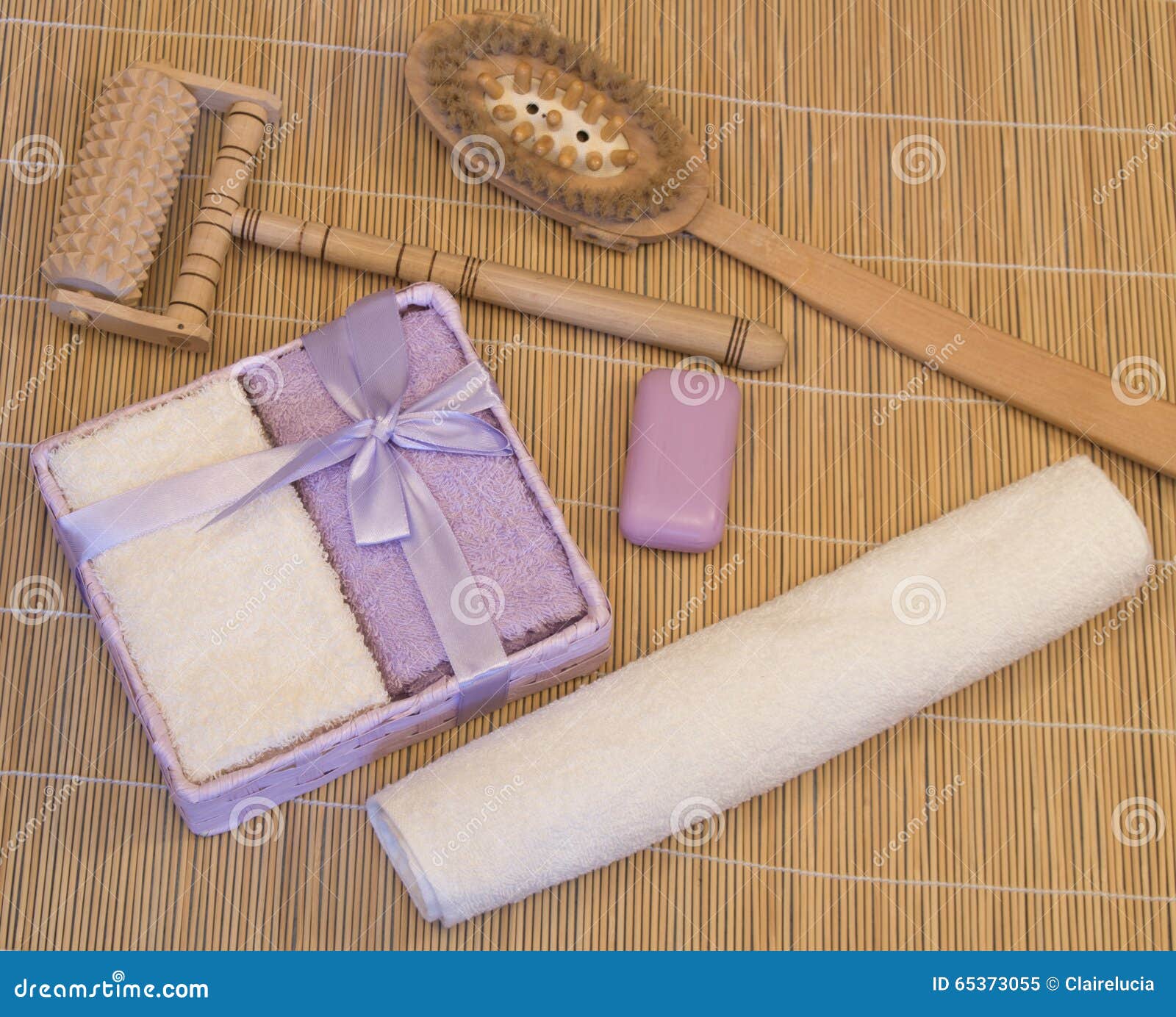 Bath Accessories, Lilac, Beige Towel on Bamboo Mat Stock Image Image