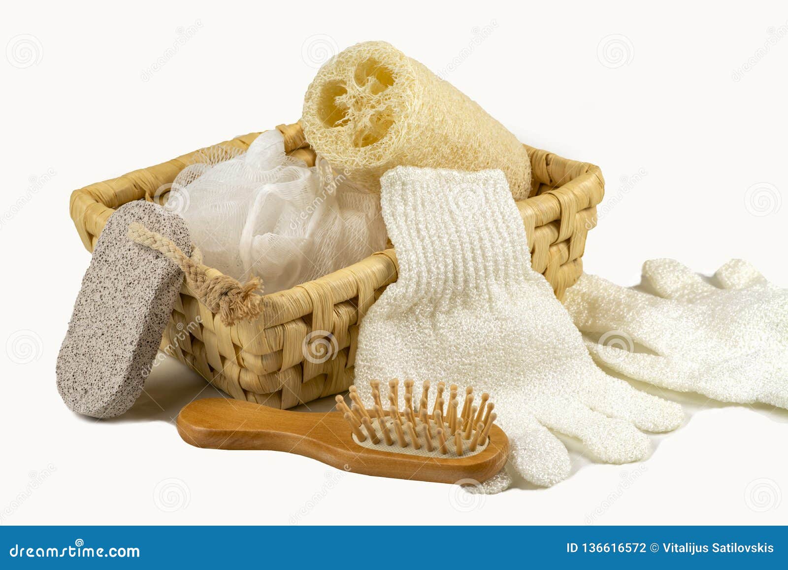 bath accessory, various spa and beauty threatment products, body scrub in wooden basket.