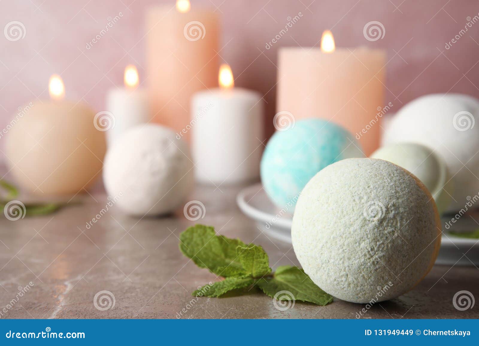 Bath Bombs and Mint Leaves on Table Stock Image Image of green