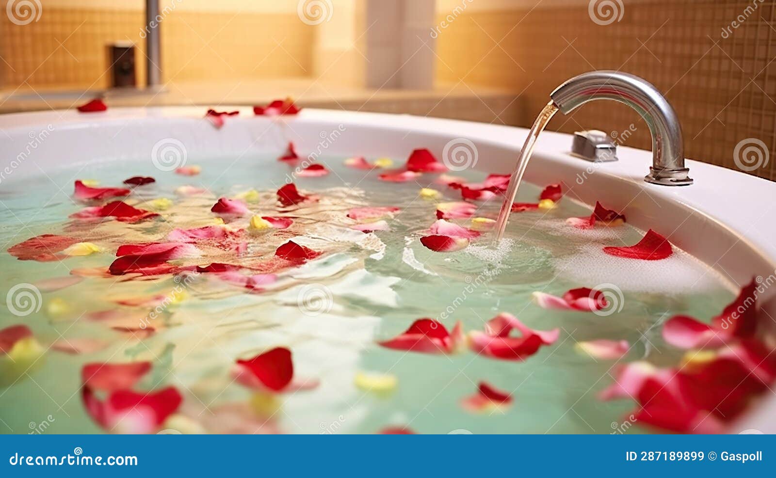 a bath tub filled with lots of candles next to a sink filled with flowers  and candles next to a bath tub filled with roses and candles. generative ai  Stock Illustration