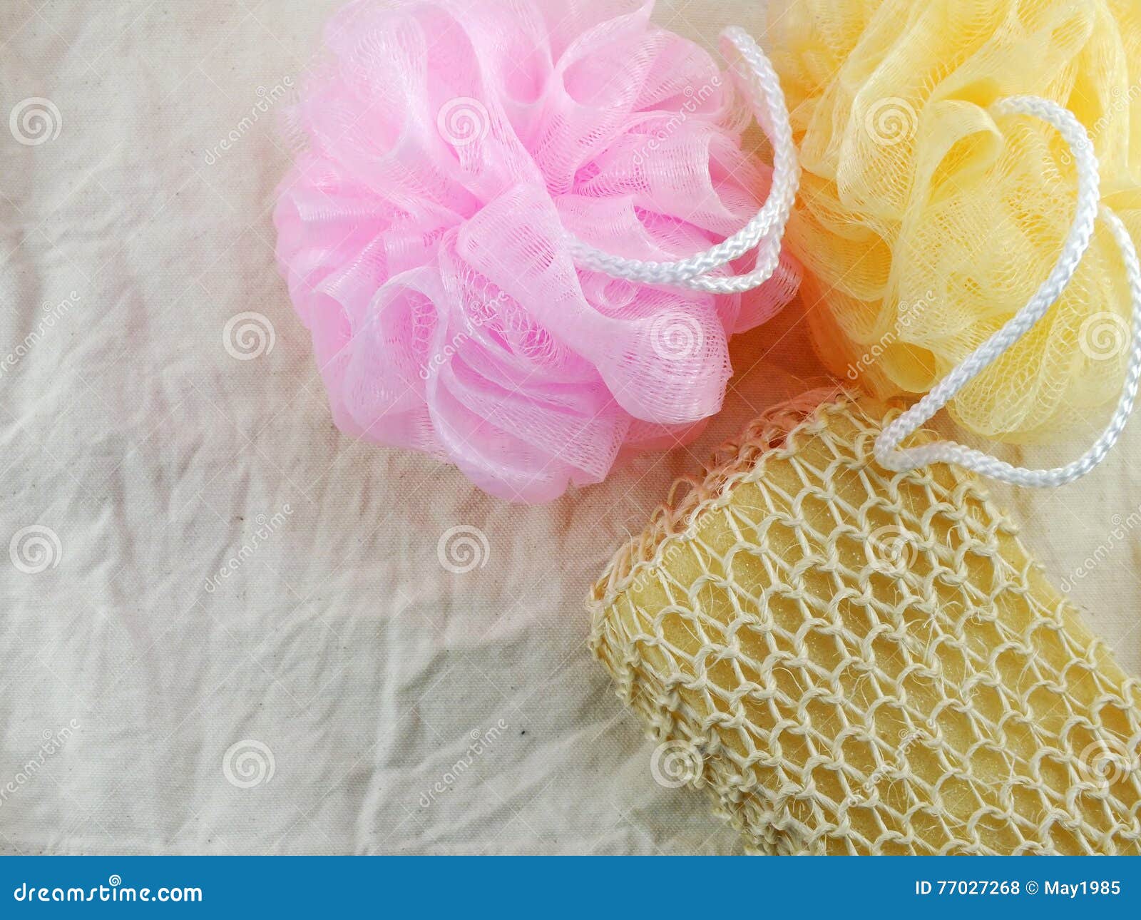 Bath Puff and Sponge for Shower Cleaning and Scrub Body Stock Photo
