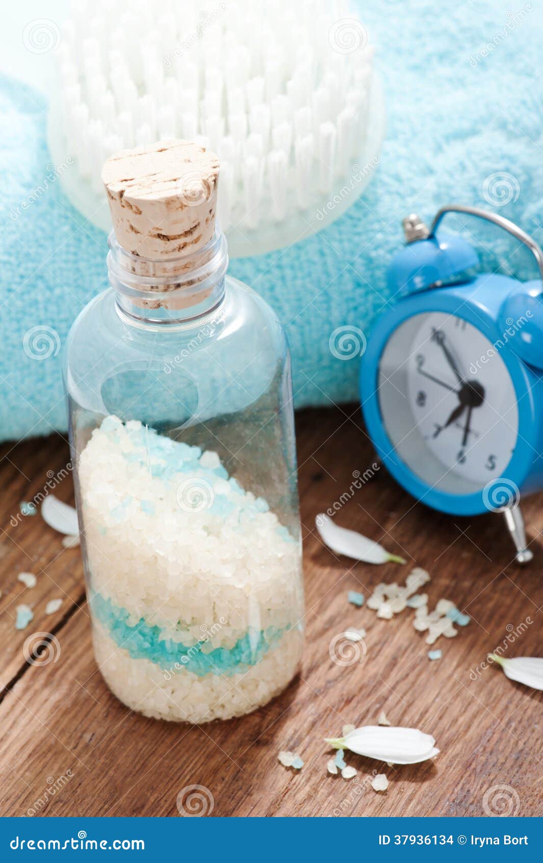 Bath salt and alarm clock stock photo. Image of alarm 37936134