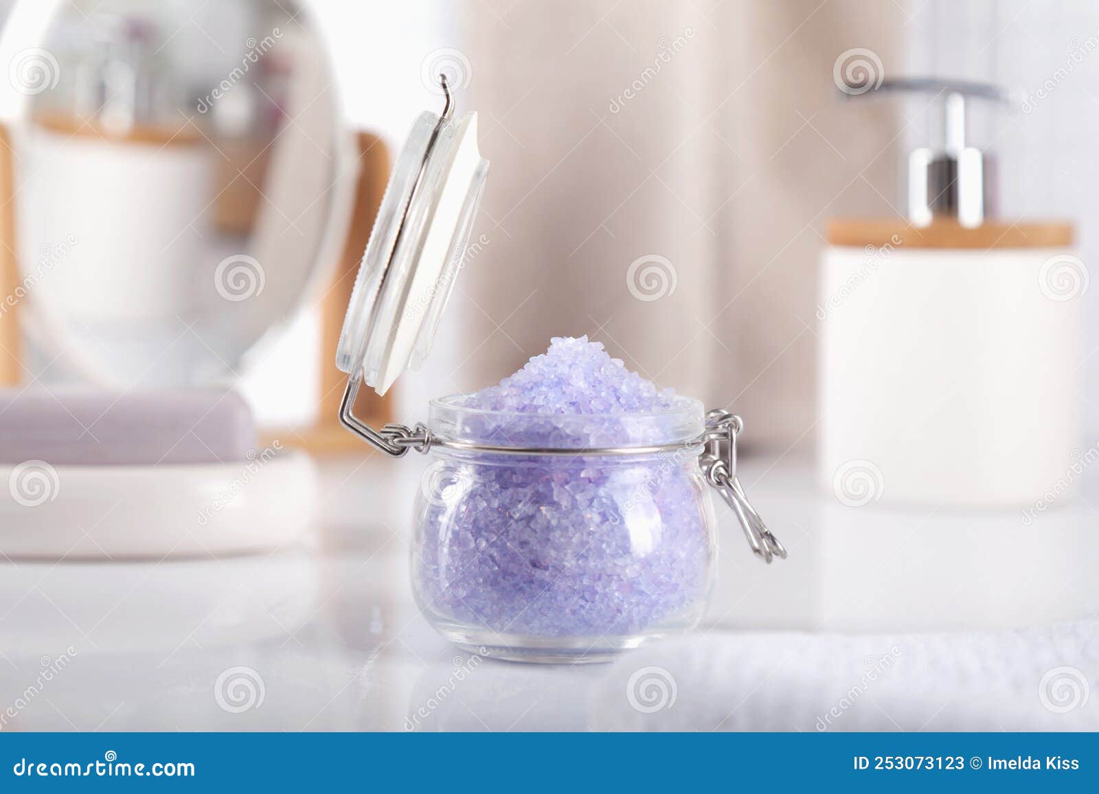 Bath salts with lavender stock image. Image of lavender 253073123