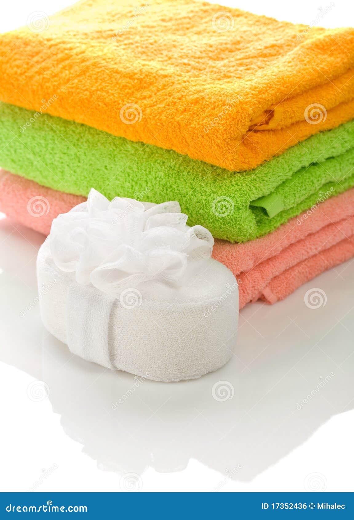 Bath sponge with towels stock photo. Image of textile 17352436