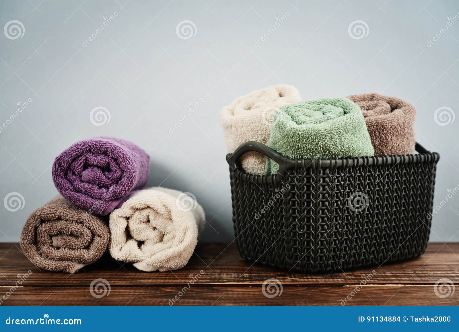 Bath Towels in Wicker Basket Stock Photo Image of blue, folded 91134884