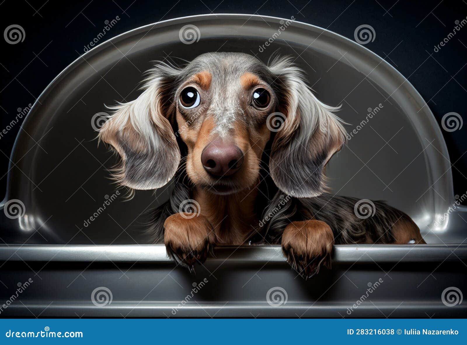 Bathing a Dachshund in a Van. AI Generated Stock Illustration