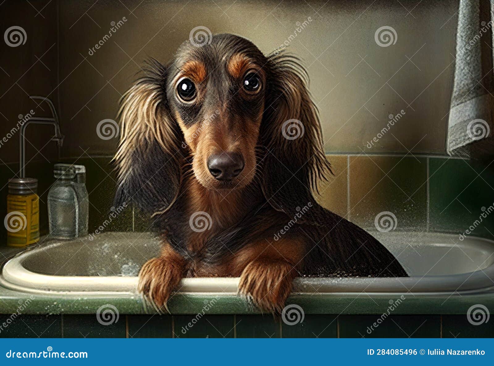 Bathing a Dachshund in a Van. AI Generated Stock Illustration