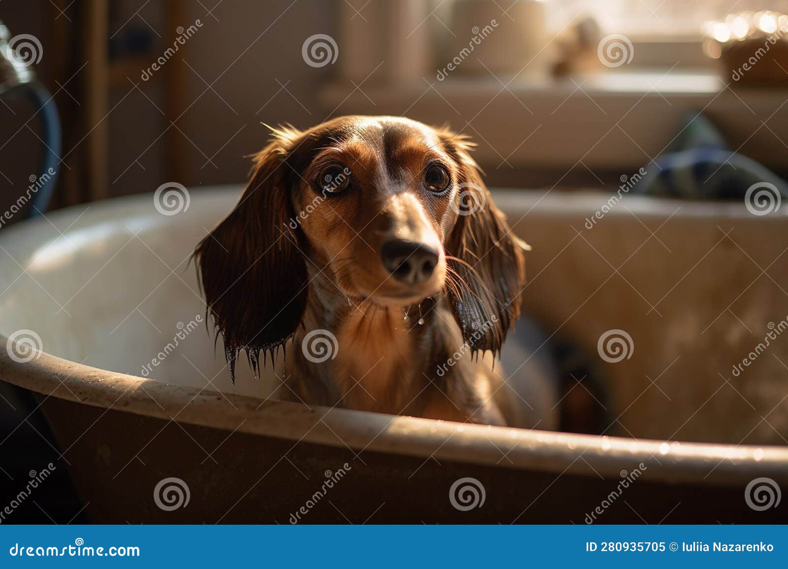 Bathing a Dachshund in a Van. AI Generated Stock Illustration