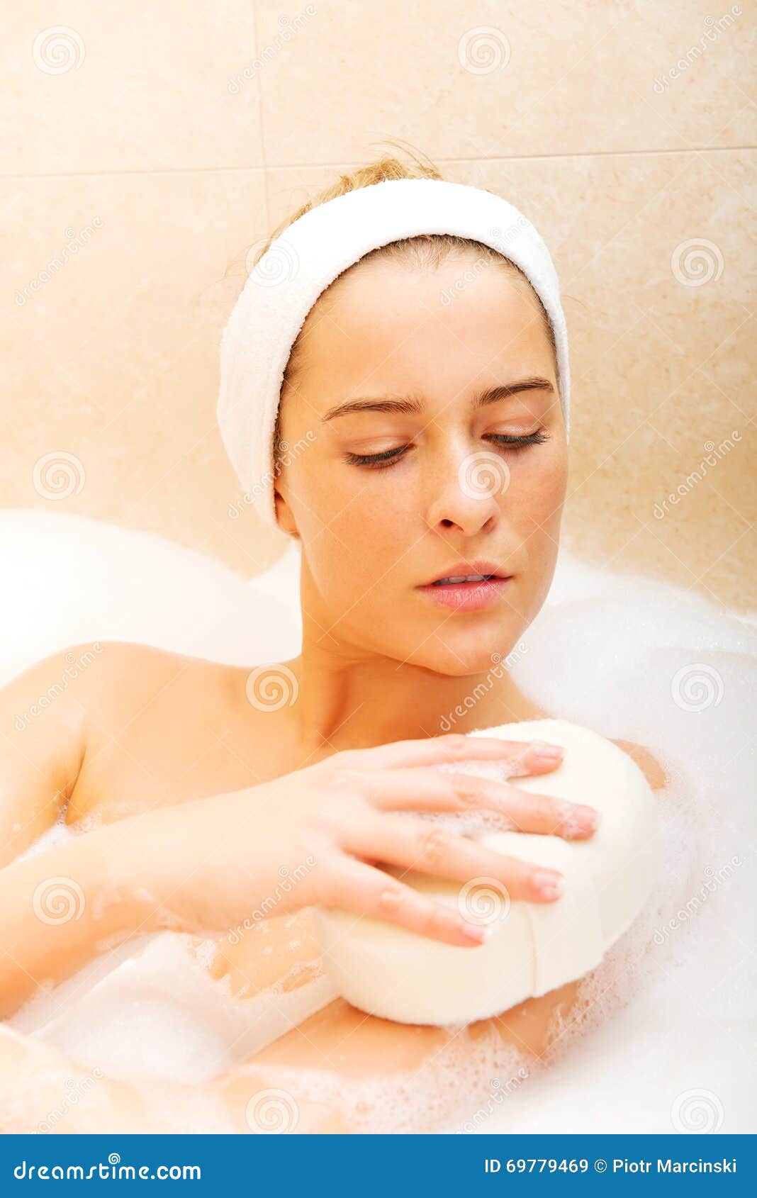 Bathing Woman Relaxing with Sponge Stock Image Image of clean, bubble
