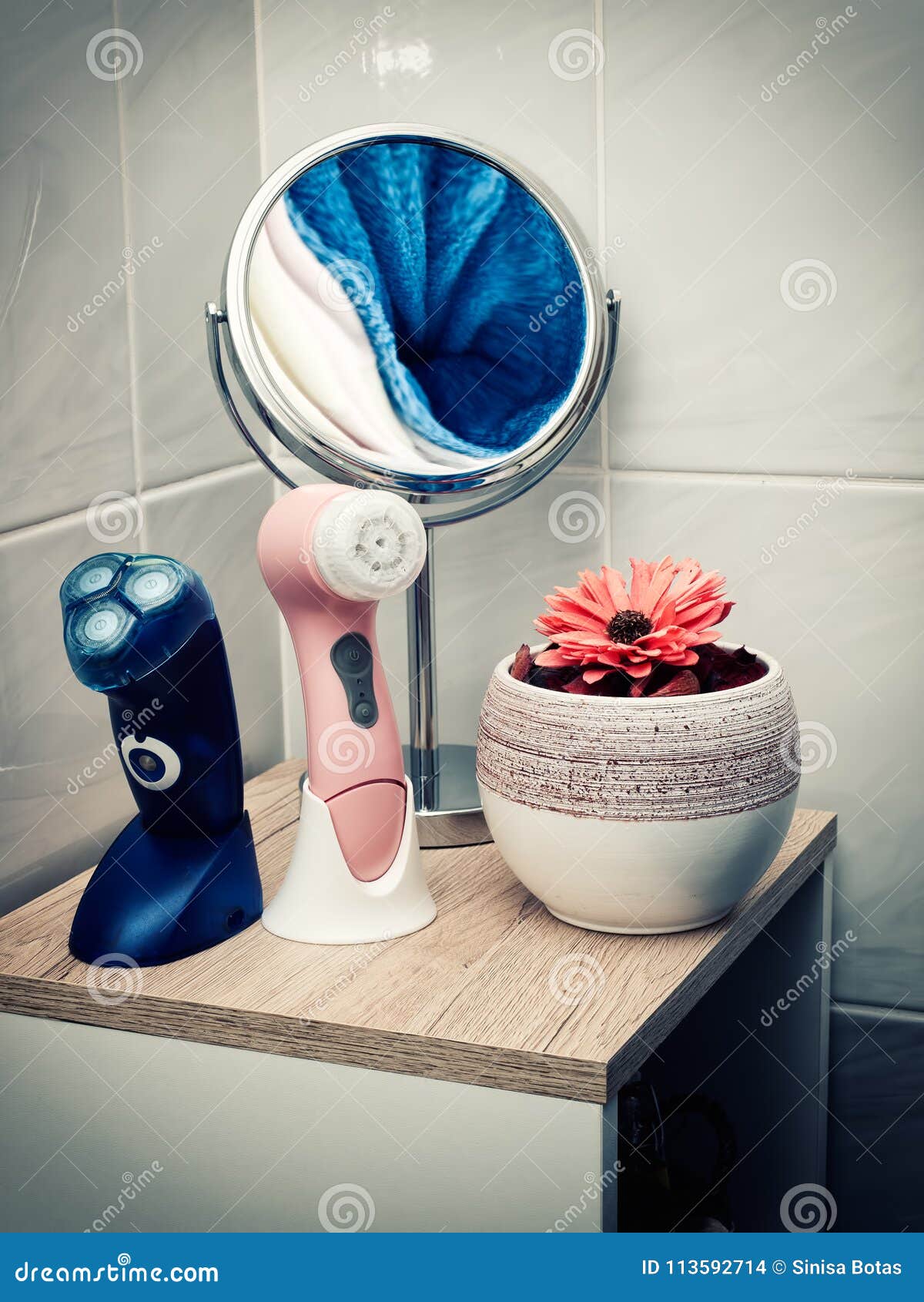 Bathroom accessories stock photo. Image of devices, mirror 113592714