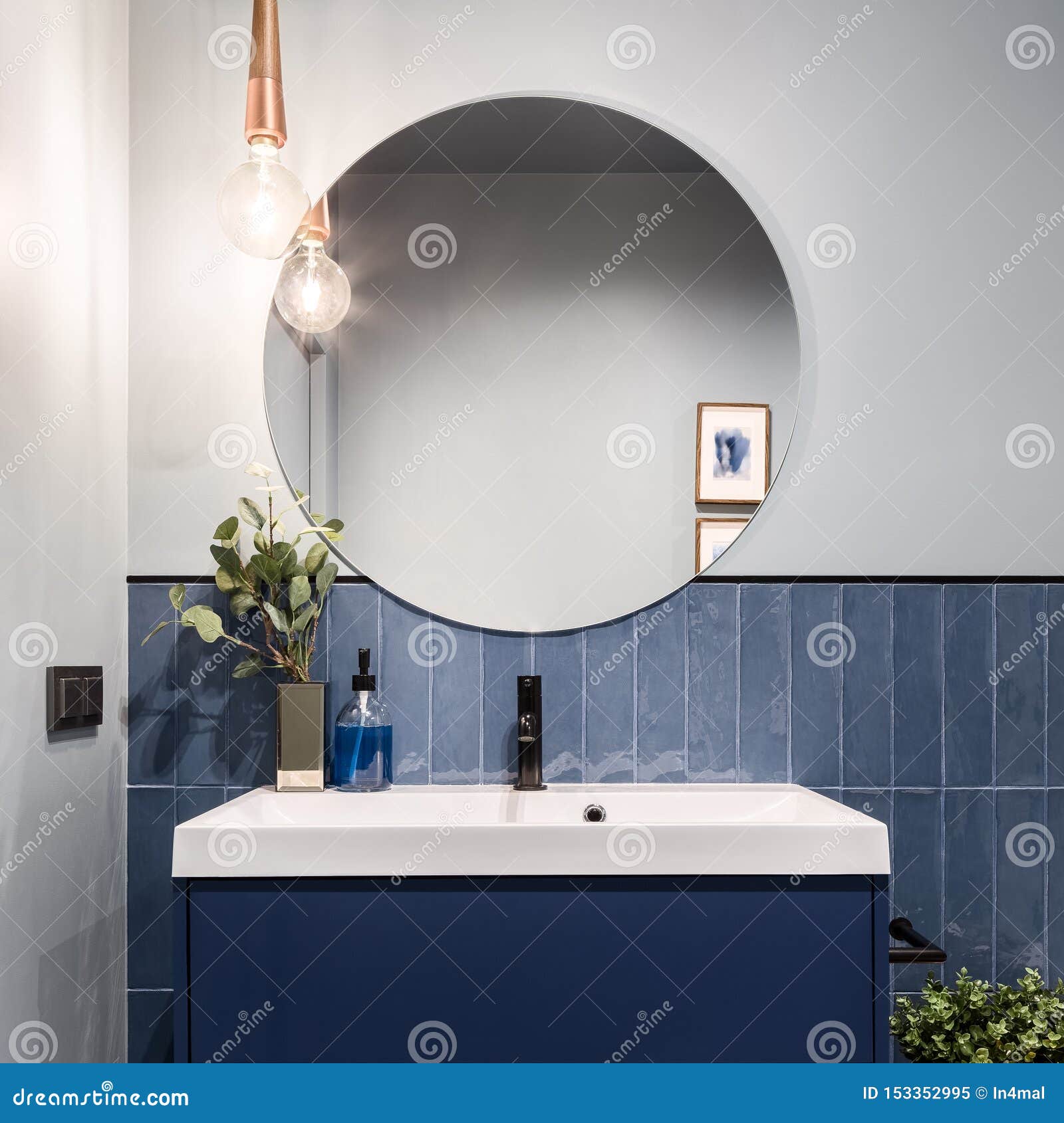 Bathroom with Big Round Mirror Stock Image Image of elegant