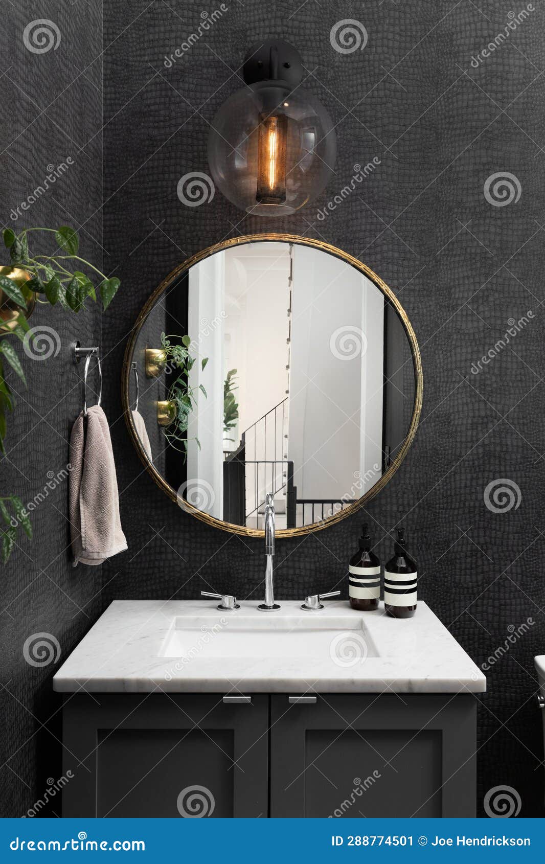 https://thumbs.dreamstime.com/z/bathroom-black-snake-skin-wallpaper-gold-circular-mirror-marble-countertop-grey-cabinet-modern-light-fixture-288774501.jpg