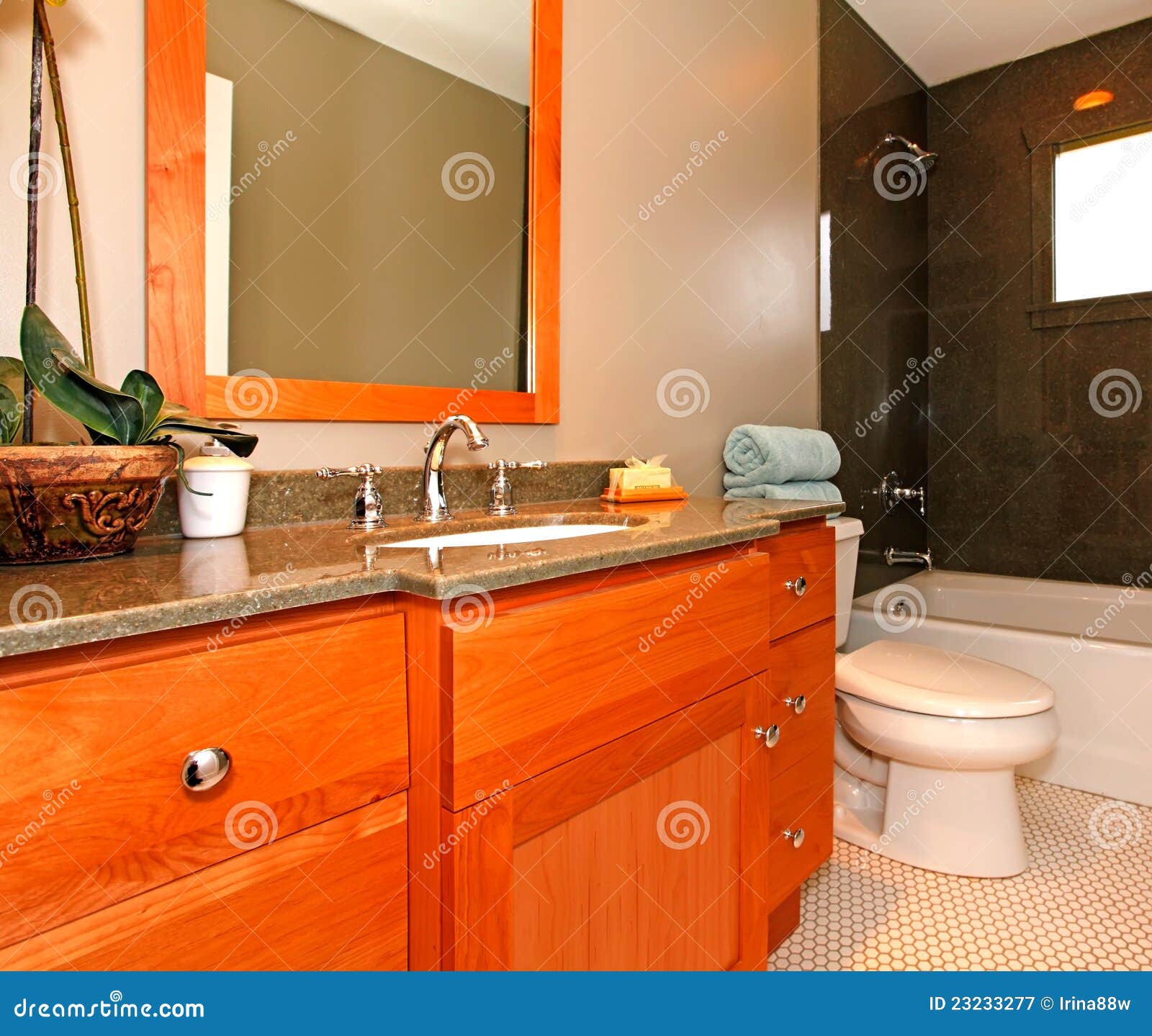 Bathroom with Cherry and Marble Tub Stock Image Image of