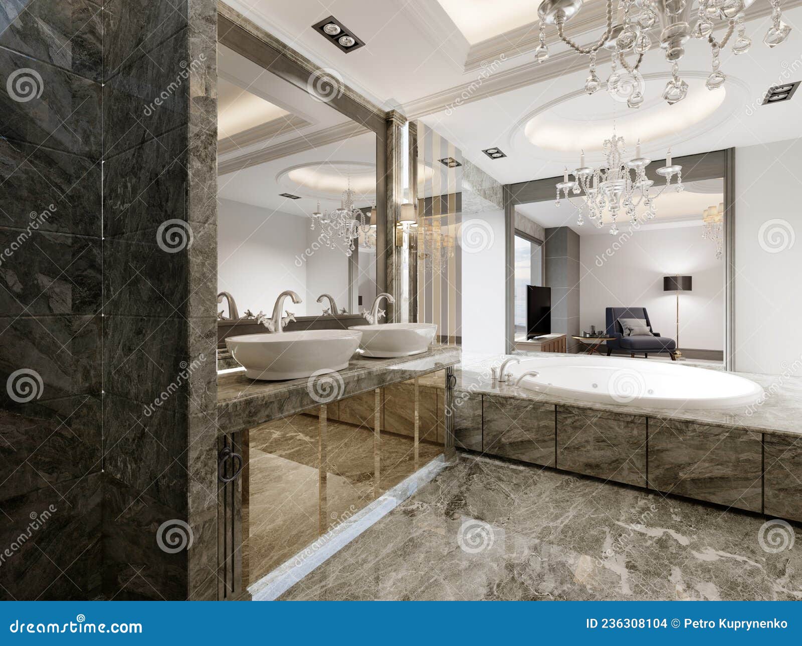 Bathroom in Classic Style in Gray Marble and Gold Doors on a Twin ...