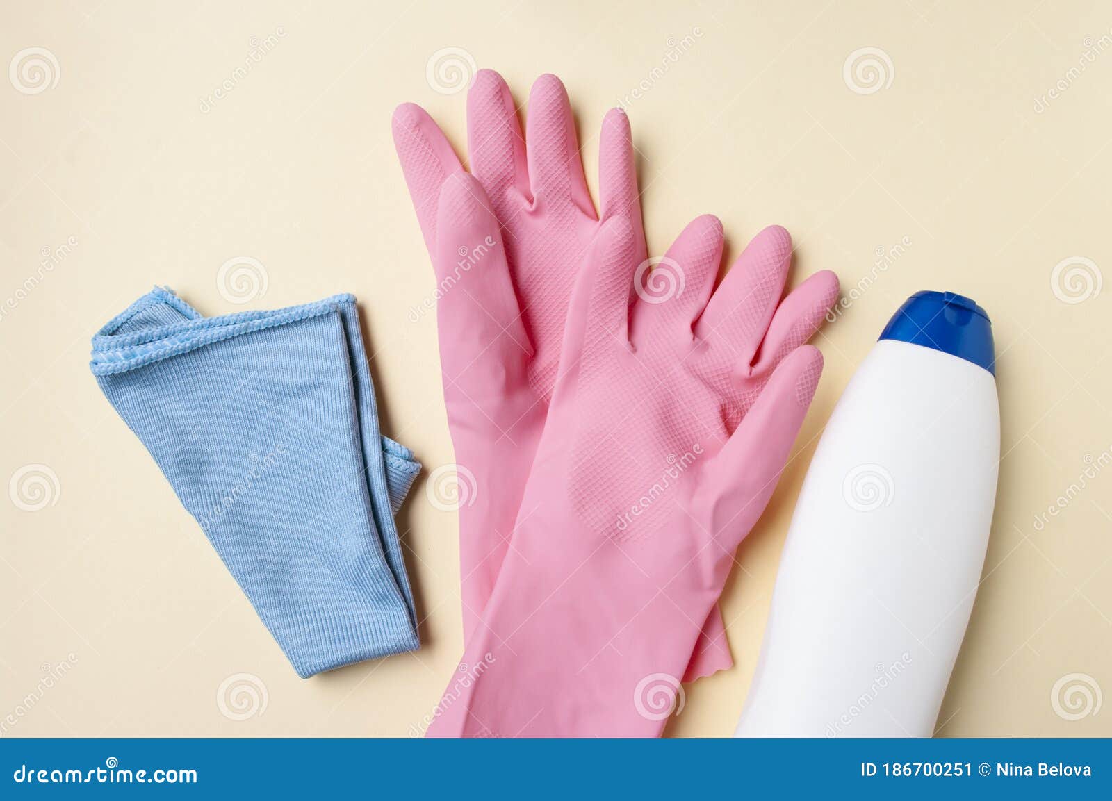 Bathroom Cleaning Tools, Detergent, Rubber Gloves, Fabric. Housekeeping
