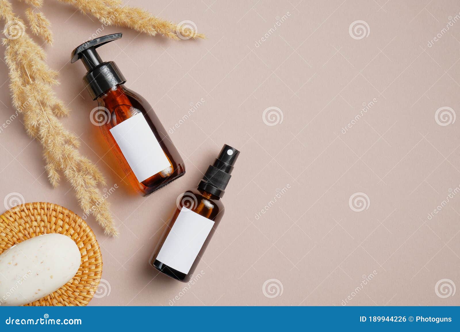 Download Bathroom Cosmetic Set With Amber Glass Bottles Mockups Organic Soap And Dry Flowers Beauty Product Packaging Design Shampoo Stock Photo Image Of Label Mockup 189944226