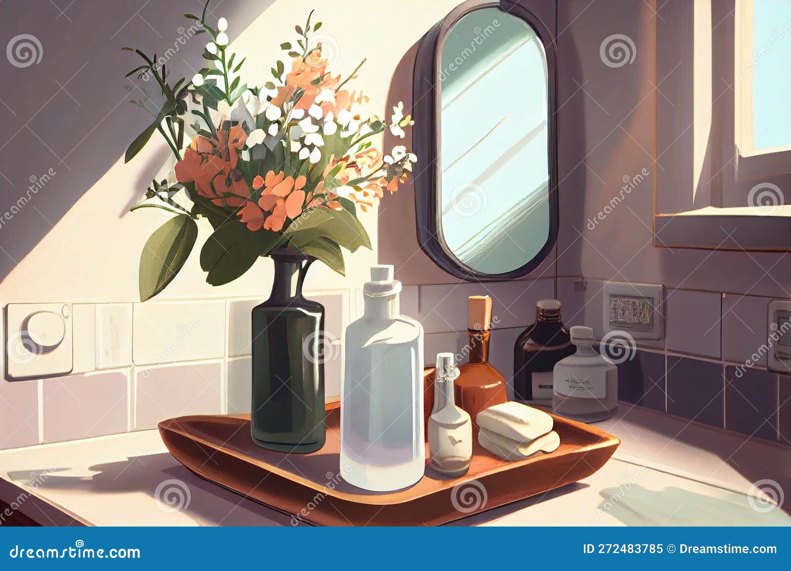 Bathroom Counter with Soaps and a Vase with Flowers on it and a Mirror