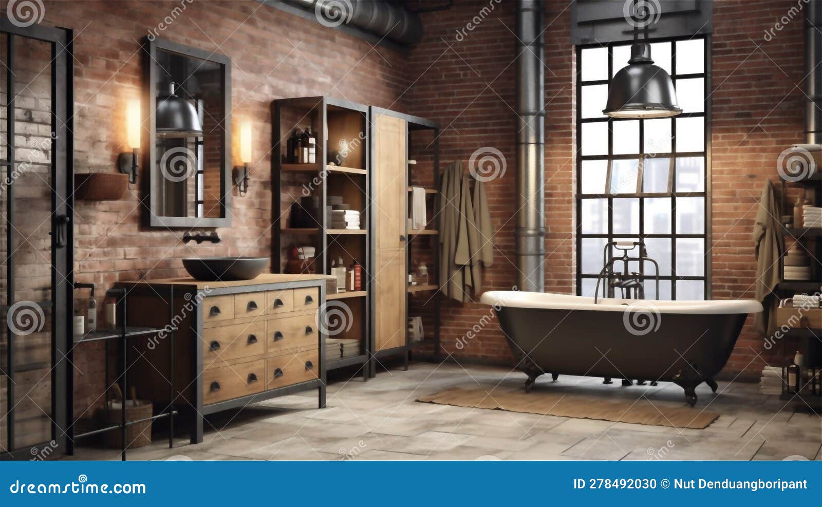 Generative AI, Rustic Industrial Bathroom Design Stock Photo Image of