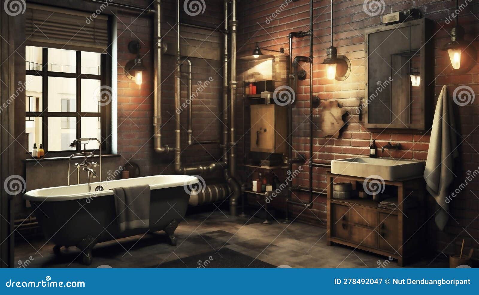 Generative AI, Rustic Industrial Bathroom Design Stock Image Image of