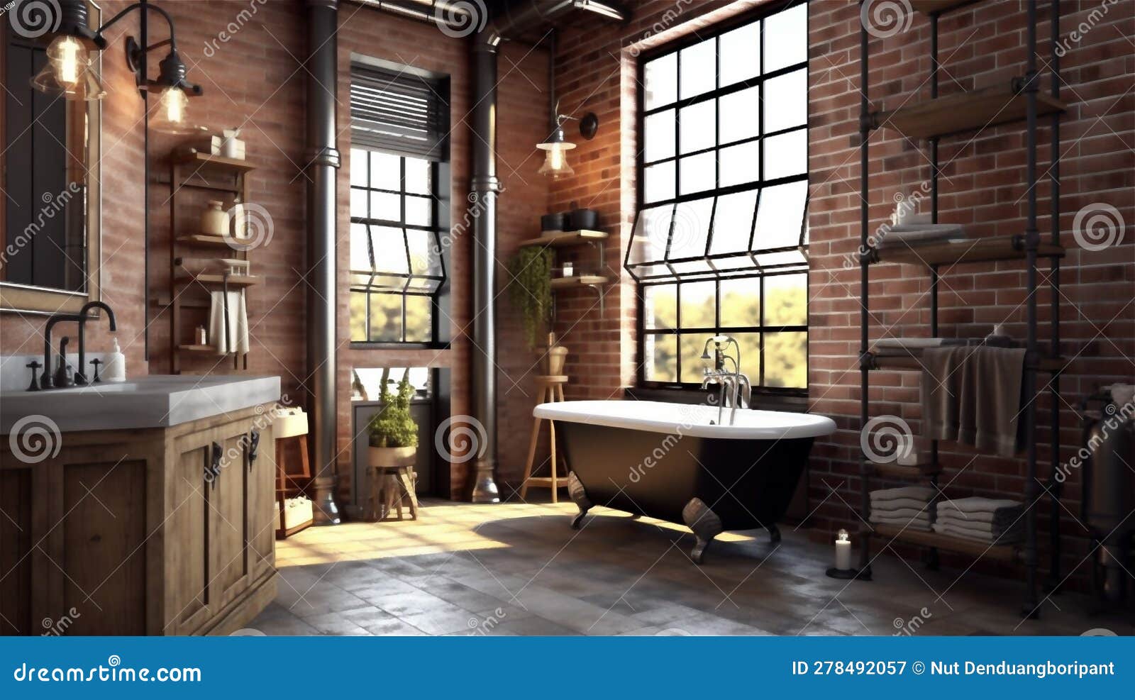 Generative AI, Rustic Industrial Bathroom Design Stock Illustration