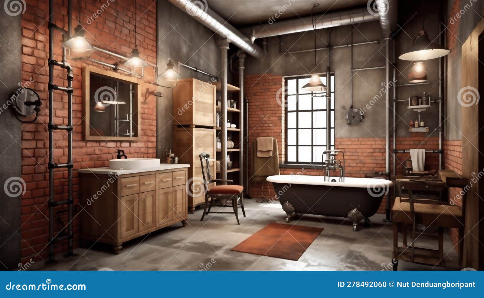 Generative AI, Rustic Industrial Bathroom Design Stock Photo Image of