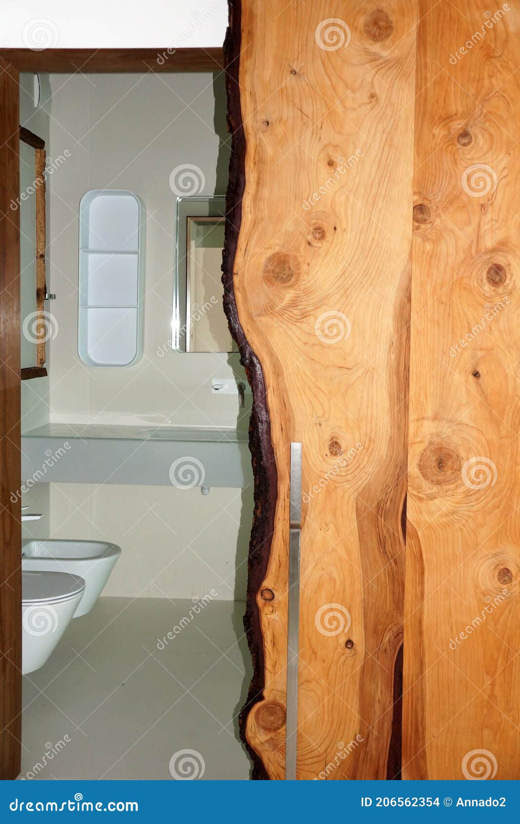 Bathroom Door Made of Natural Solid Wood, Loft Style Stock Photo