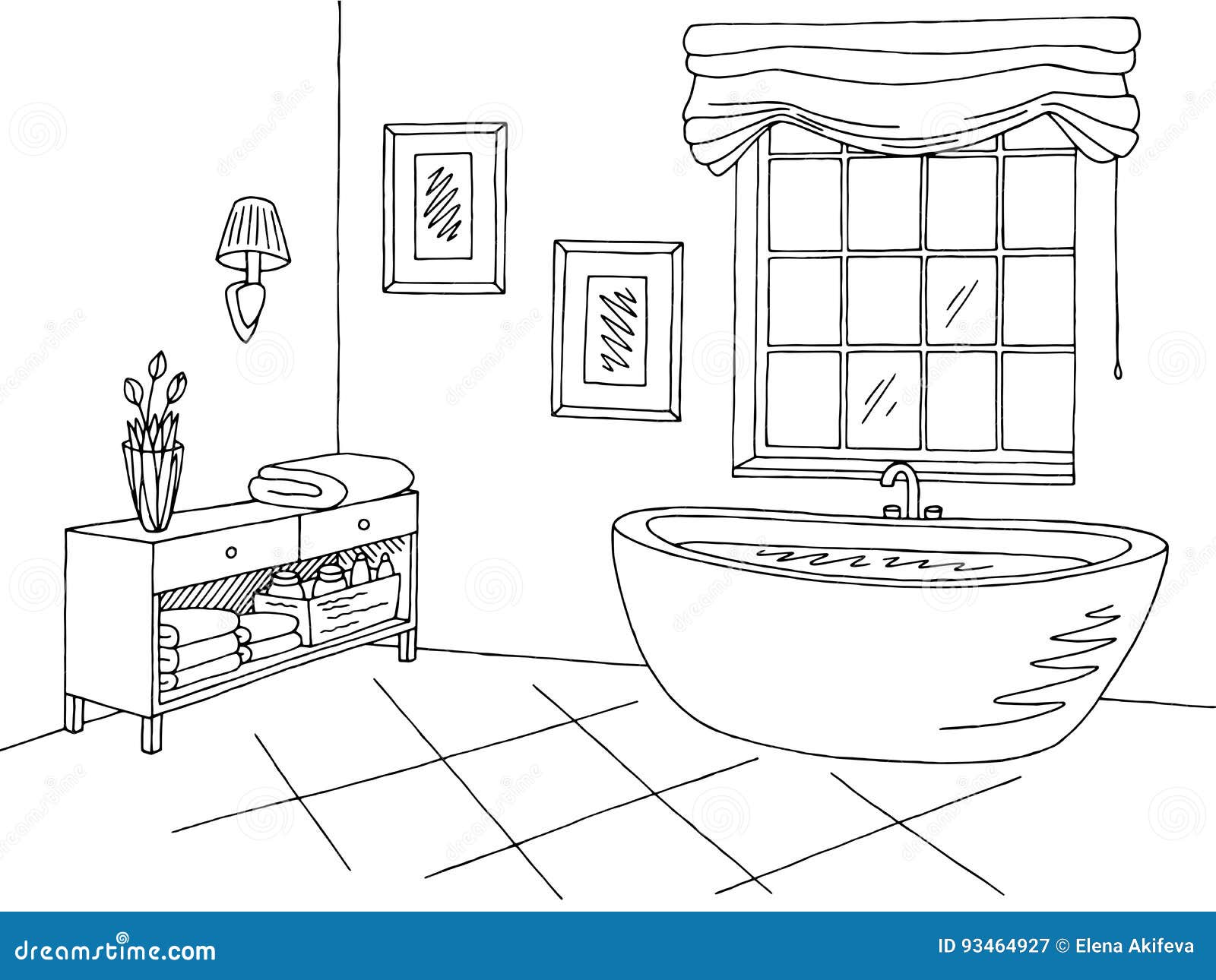  Bathroom  Graphic Interior Black  White  Sketch Illustration 