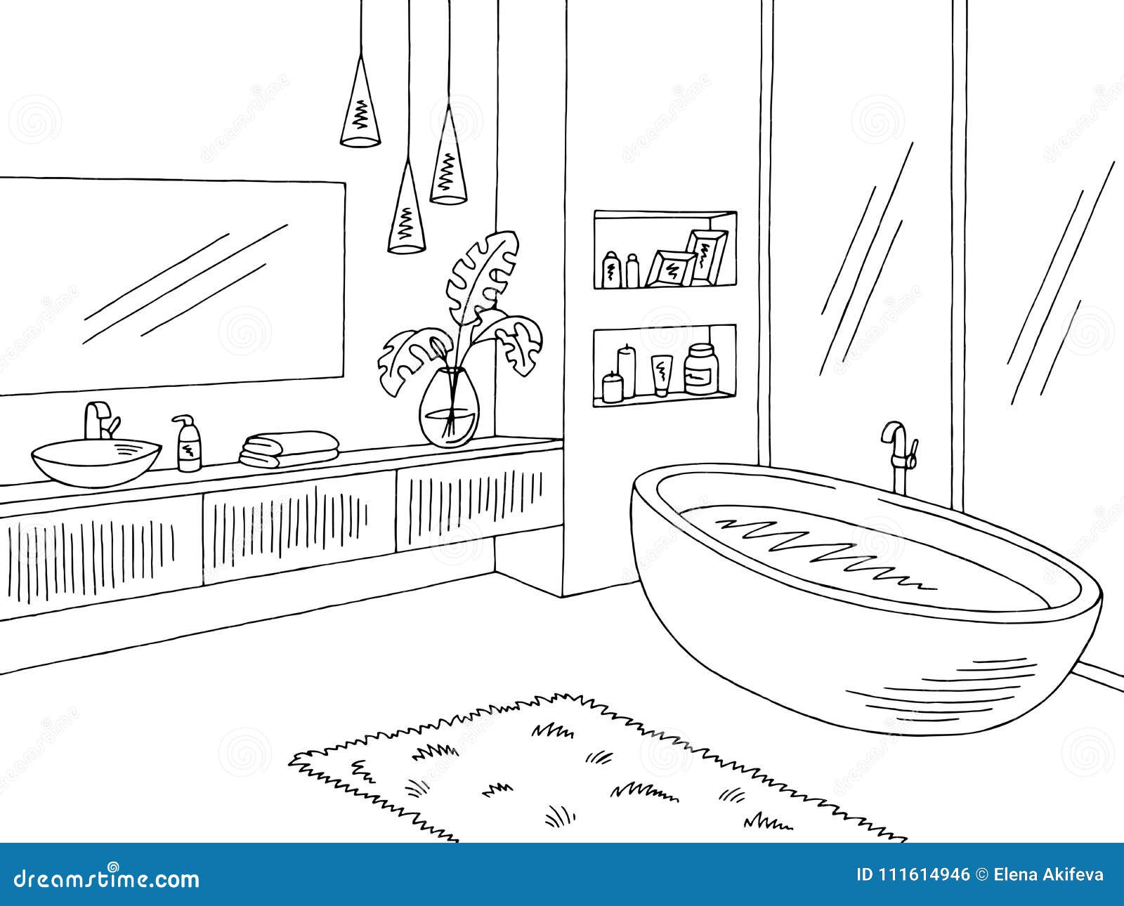  Bathroom  Graphic Interior Black  White  Sketch Illustration 