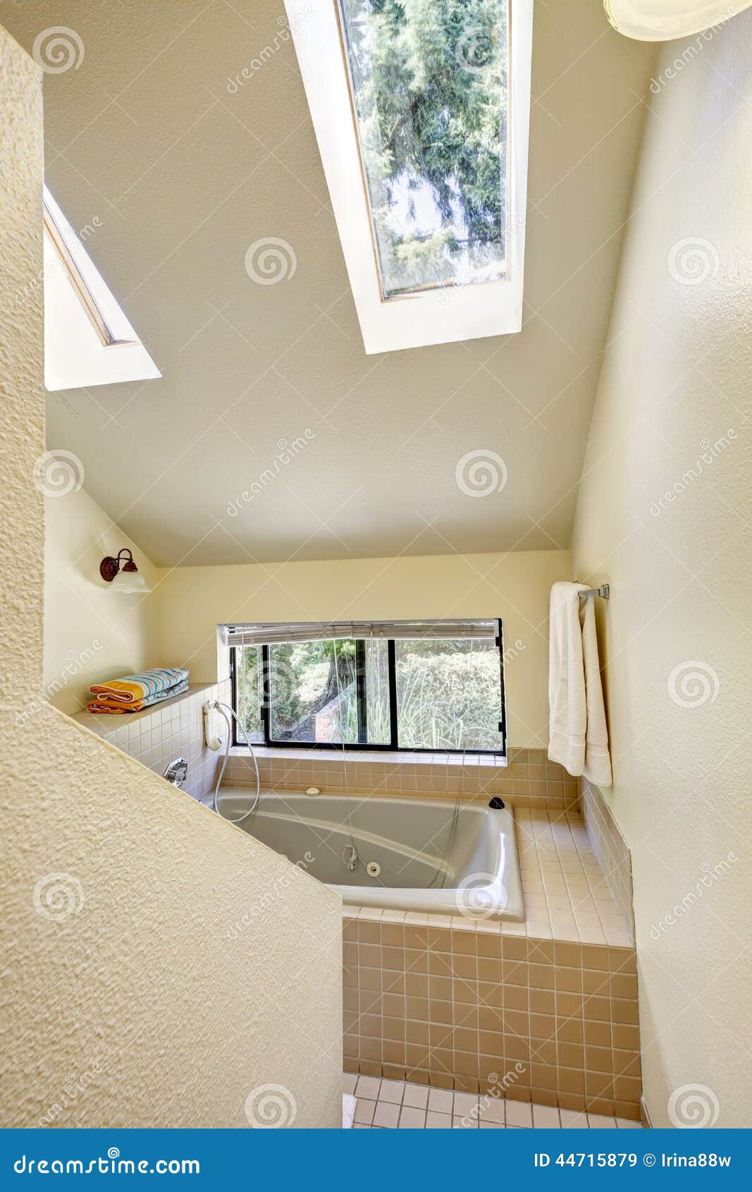 Bathroom With High Vaulted Ceiling And Skylight Stock Image - Image of