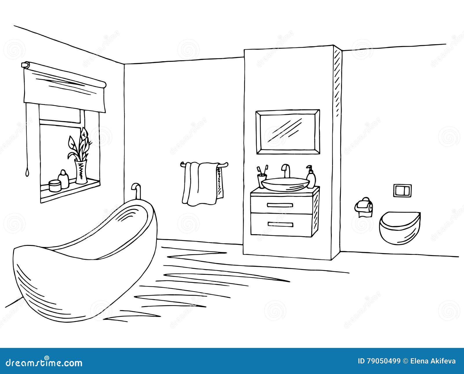  Bathroom  Interior Black  White  Graphic Art Sketch 