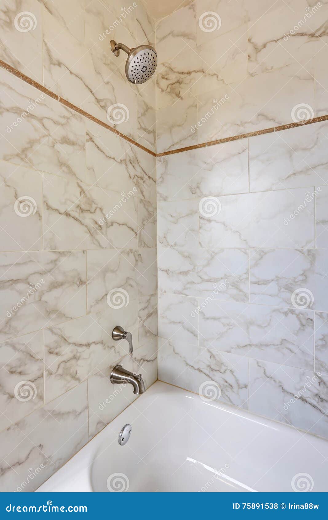 Bathroom Interior Design. View of Open Shower with Tile Wall Trim Stock