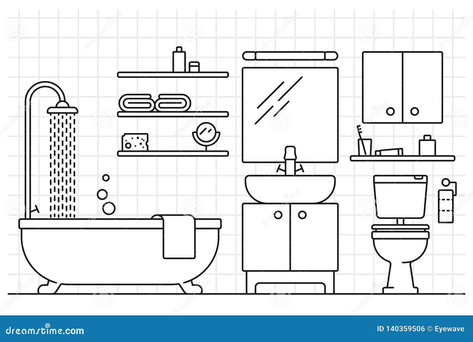Bathroom Interior Line Art Vector Illustration Stock Vector
