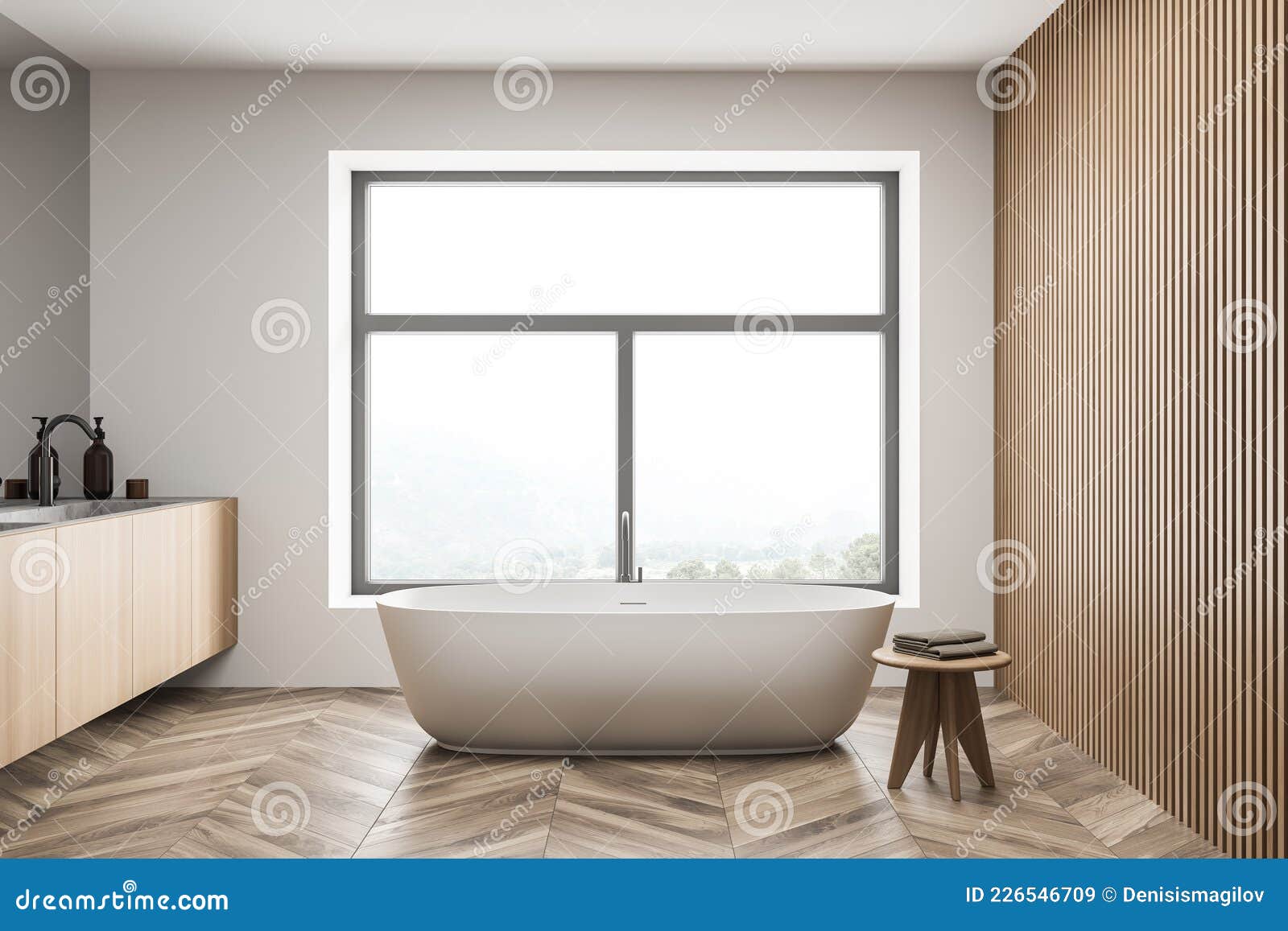 Bathroom Interior with White Bathtub, Mirror and Sink Stock ...