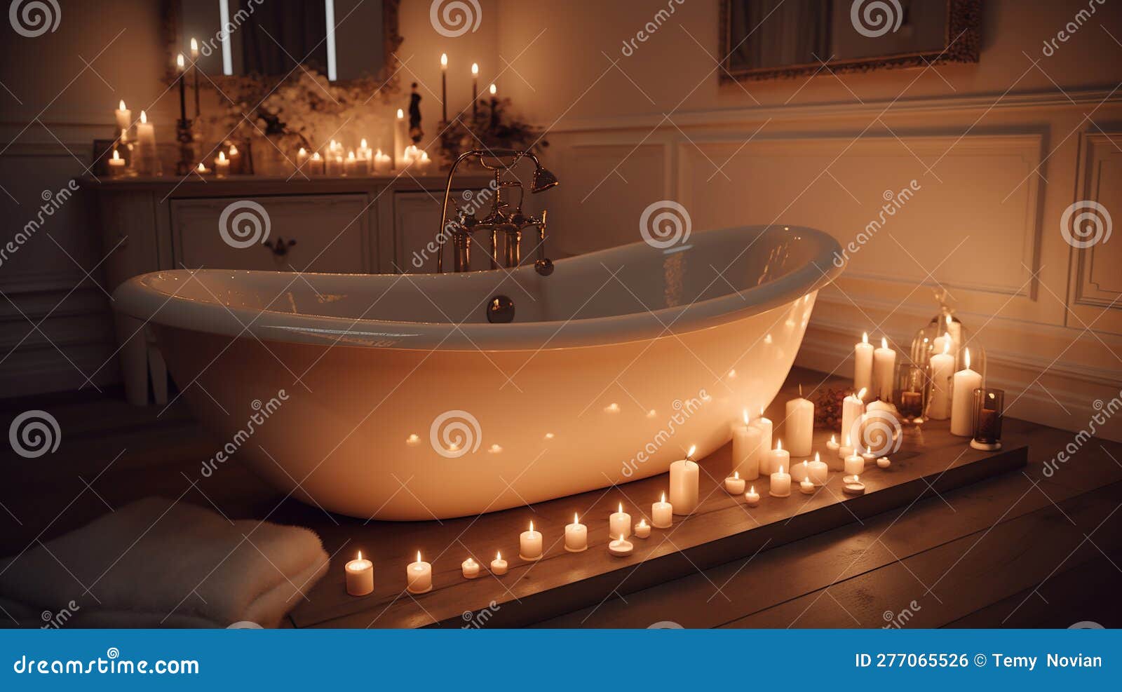 Bathroom with Large, White Soaking Tub and Candles. Generative Ai Stock