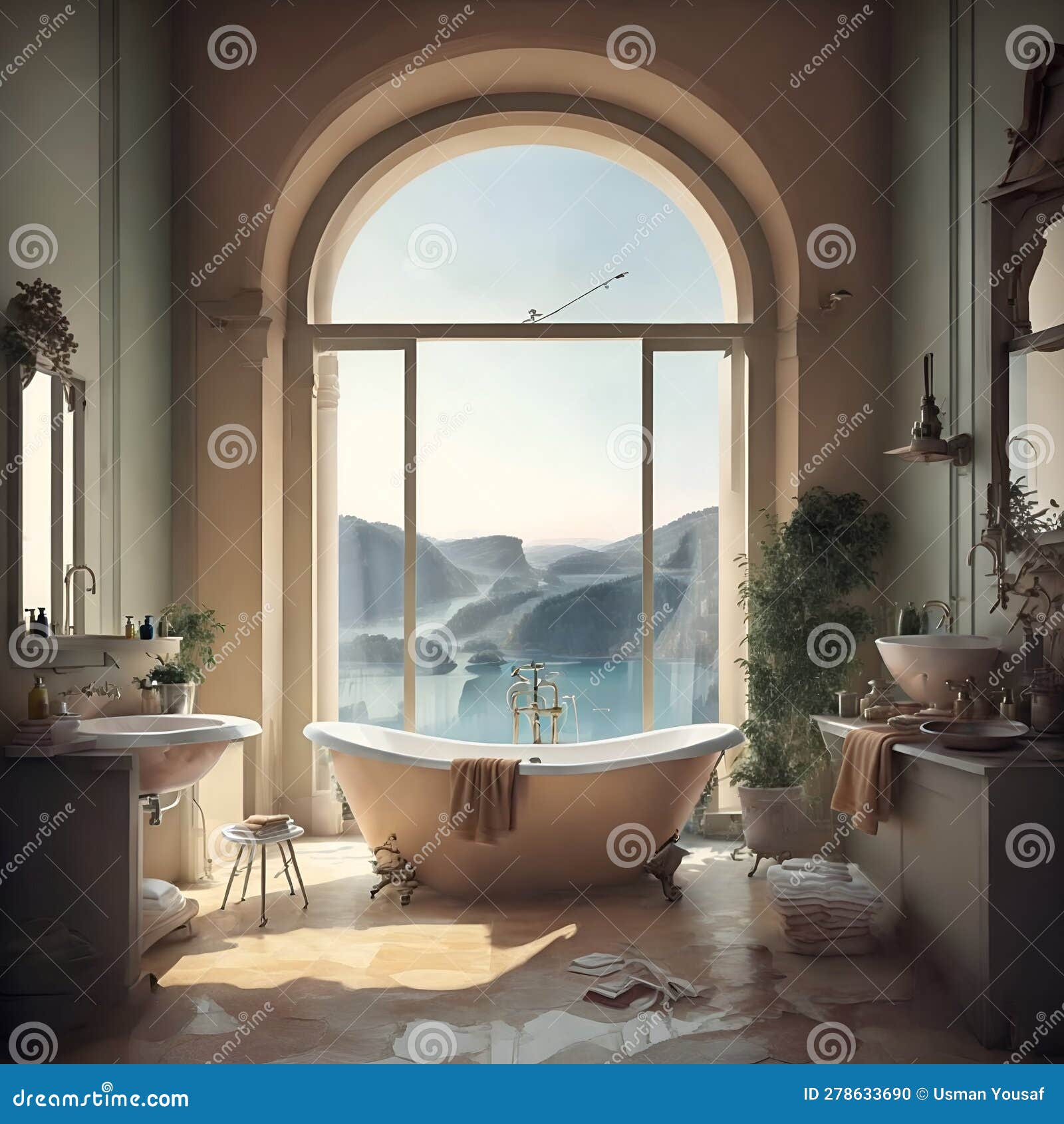 A Bathroom with a Large Window and a Bathtub Created with Generative AI Technology Stock