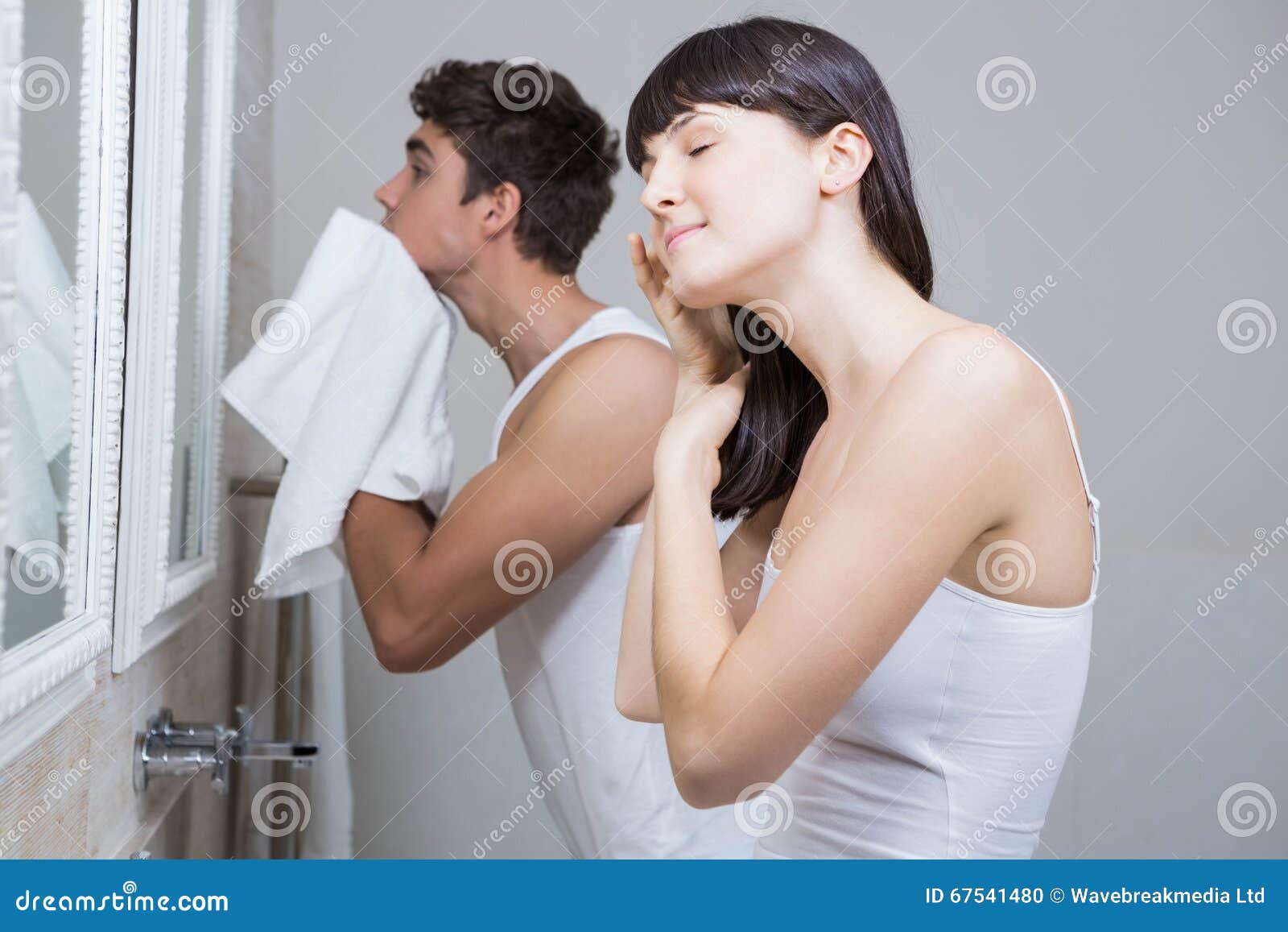 Bathroom Routine For Young Couple Stock Photo Image Of Cleaning