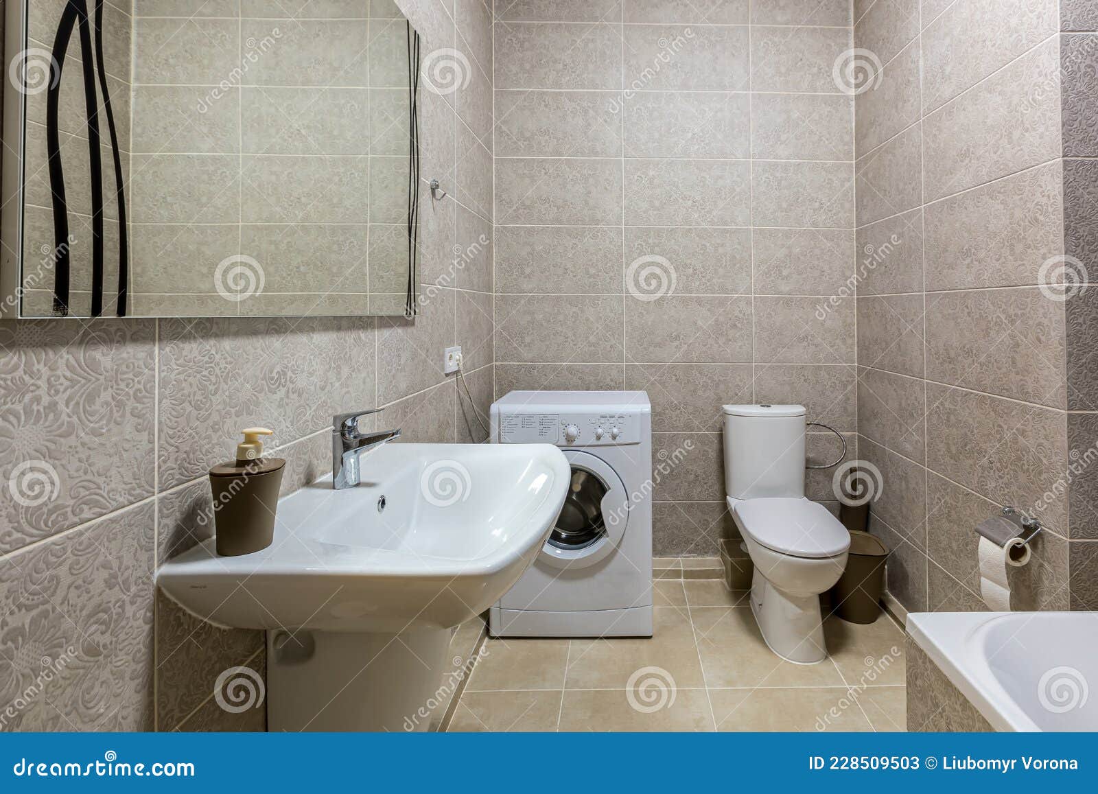Bathroom with Shower, Bathtub and Light Tiles Stock Image Image of